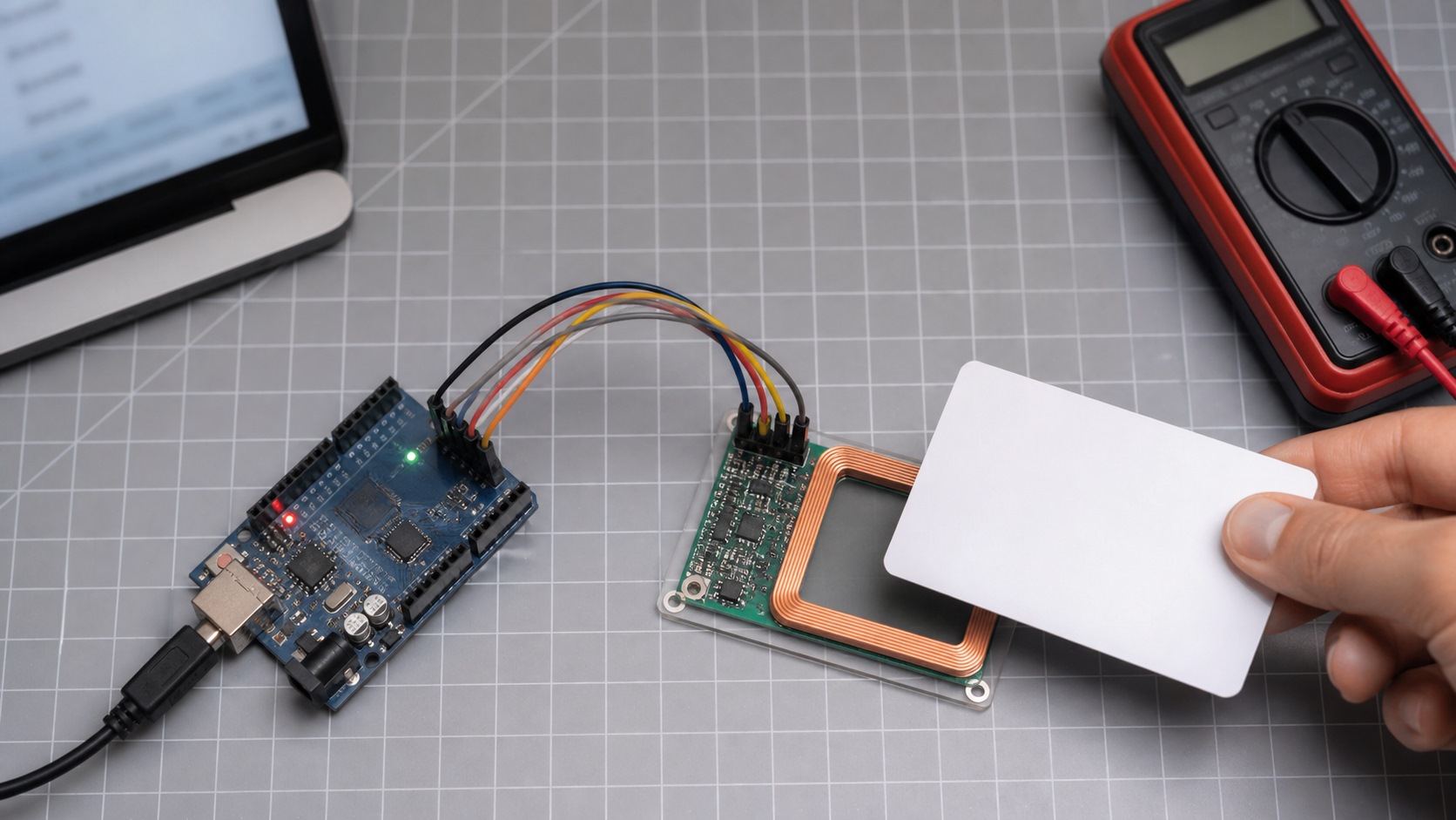 Arduino connected to an MFRC522 RFID reader module over SPI for Type A card testing