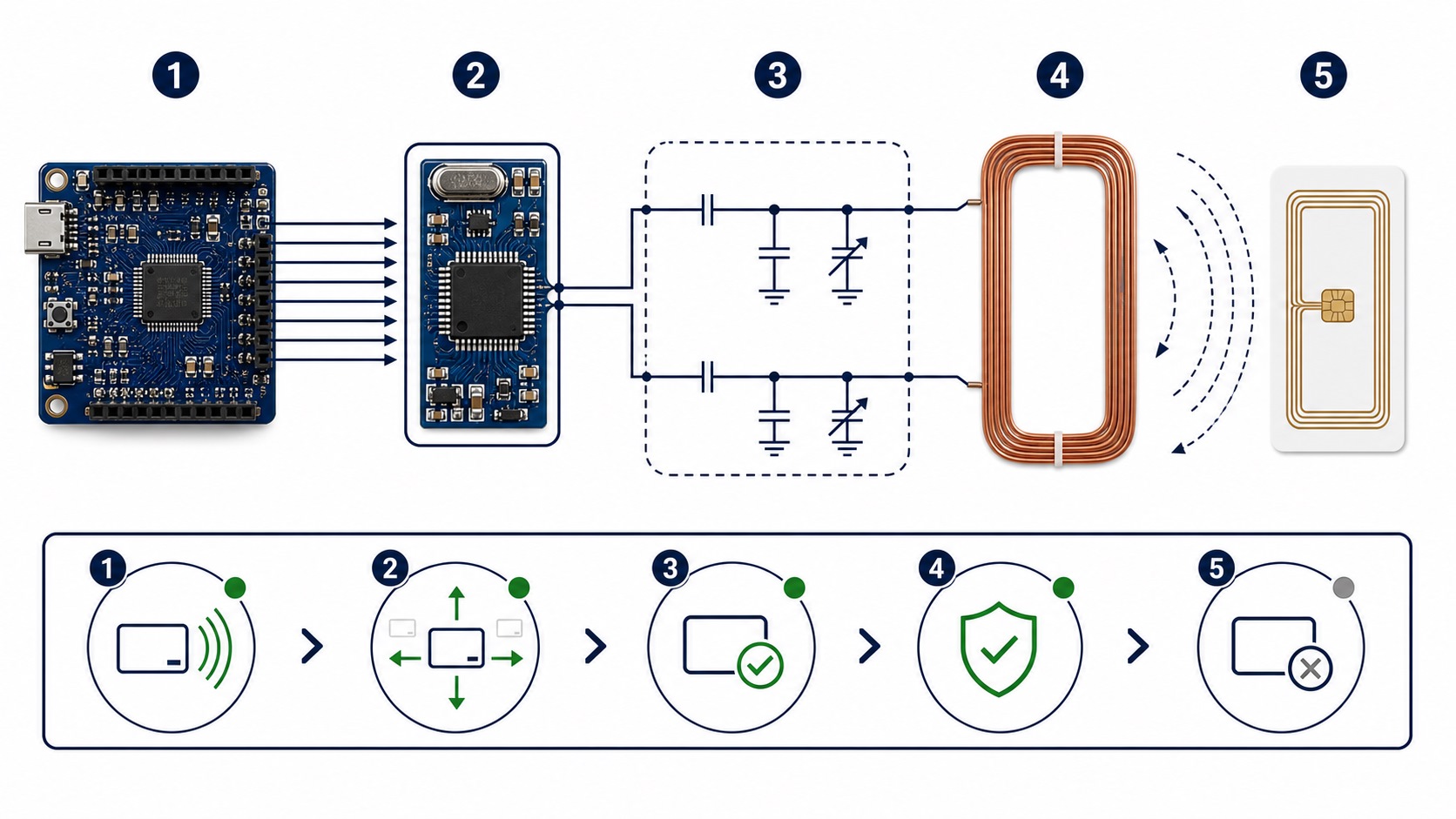 MFRC522 reader signal path from MCU and reader IC through matching network and antenna to a Type A card