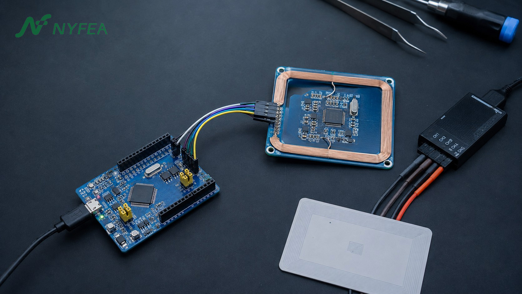 STM32 development board, CLRC663 reader PCB, logic analyzer and NFC test card on an engineering debug bench