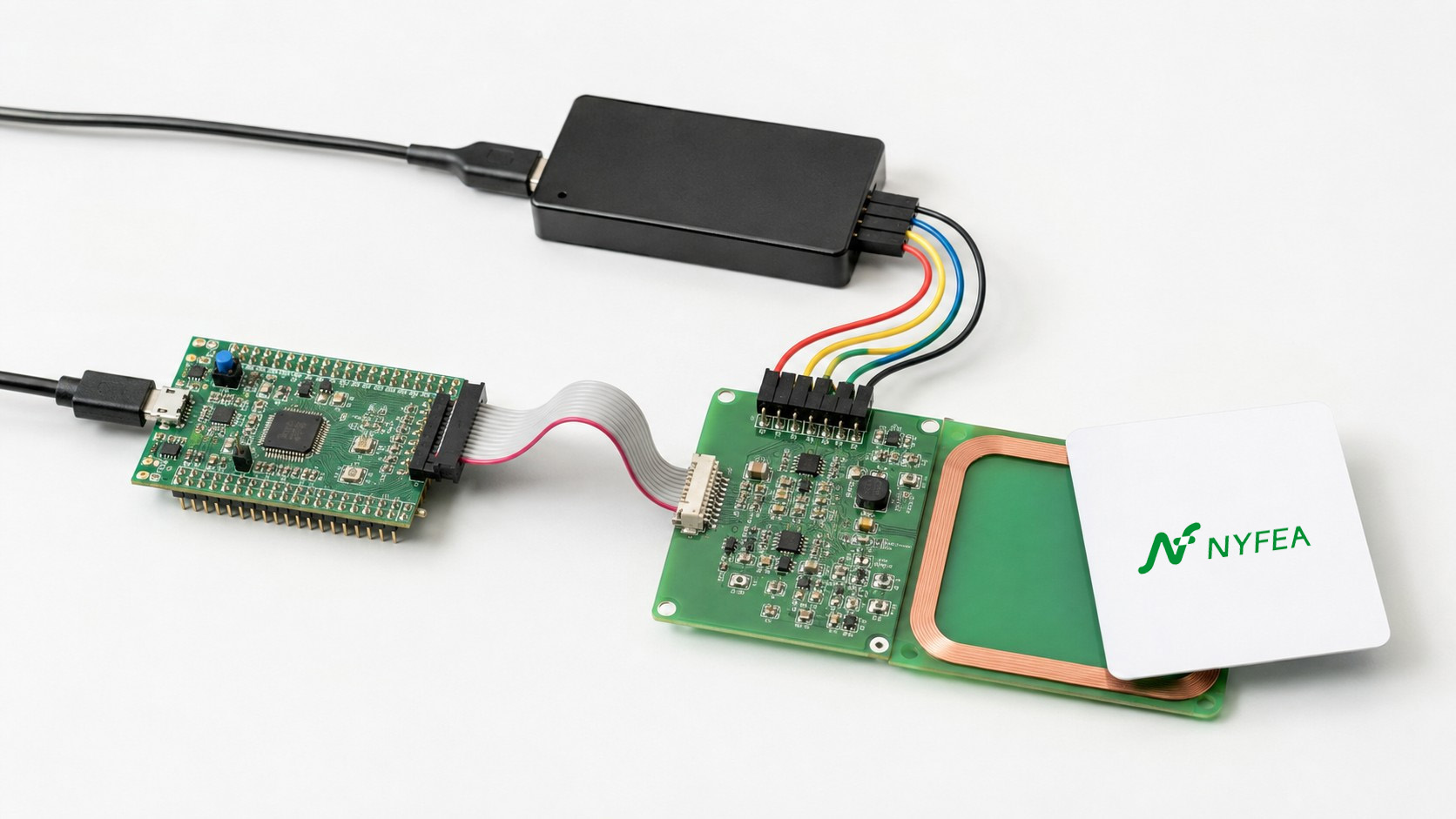 Illustrative STM32 SPI debugging setup with a reader antenna, ISO 14443A card and logic analyzer