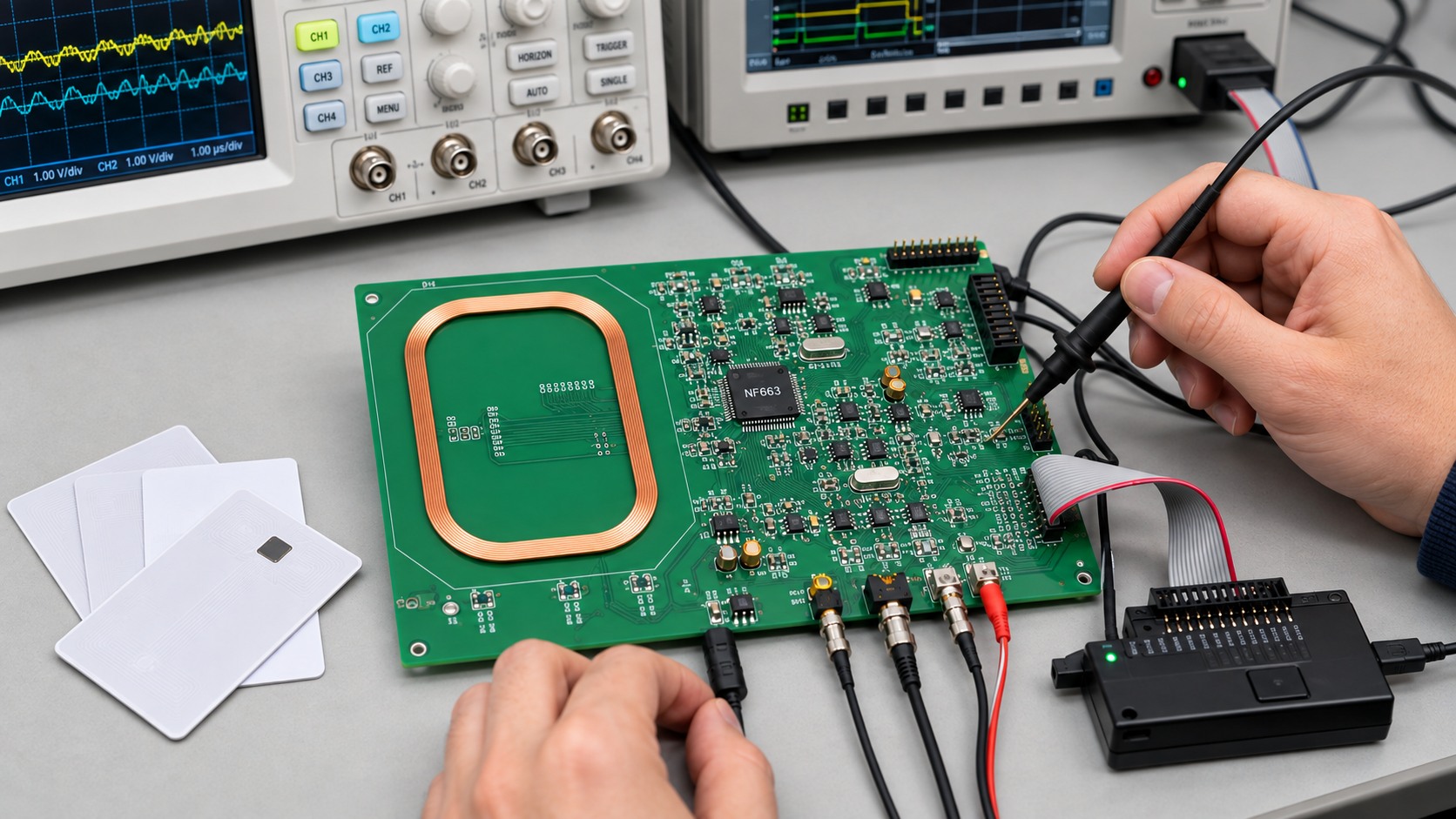 Illustrative multi-card UID and anticollision test setup for an NF663 reader evaluation