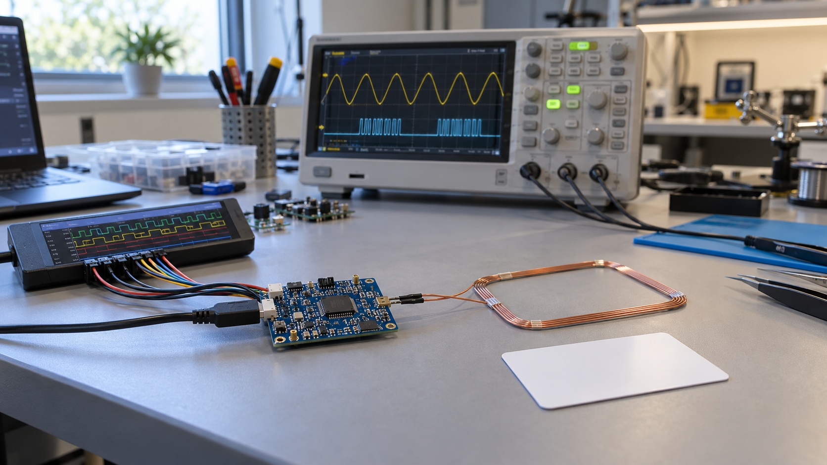Illustrative NFC reader bring-up bench with a reader PCB, copper loop antenna, oscilloscope, logic analyzer and contactless card