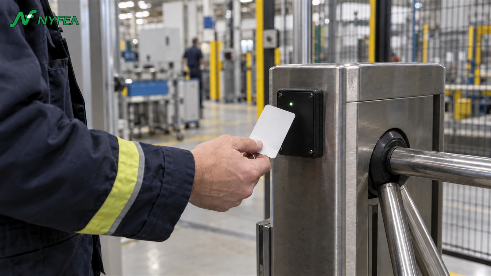 Industrial access-control reader using a contactless card at a factory turnstile