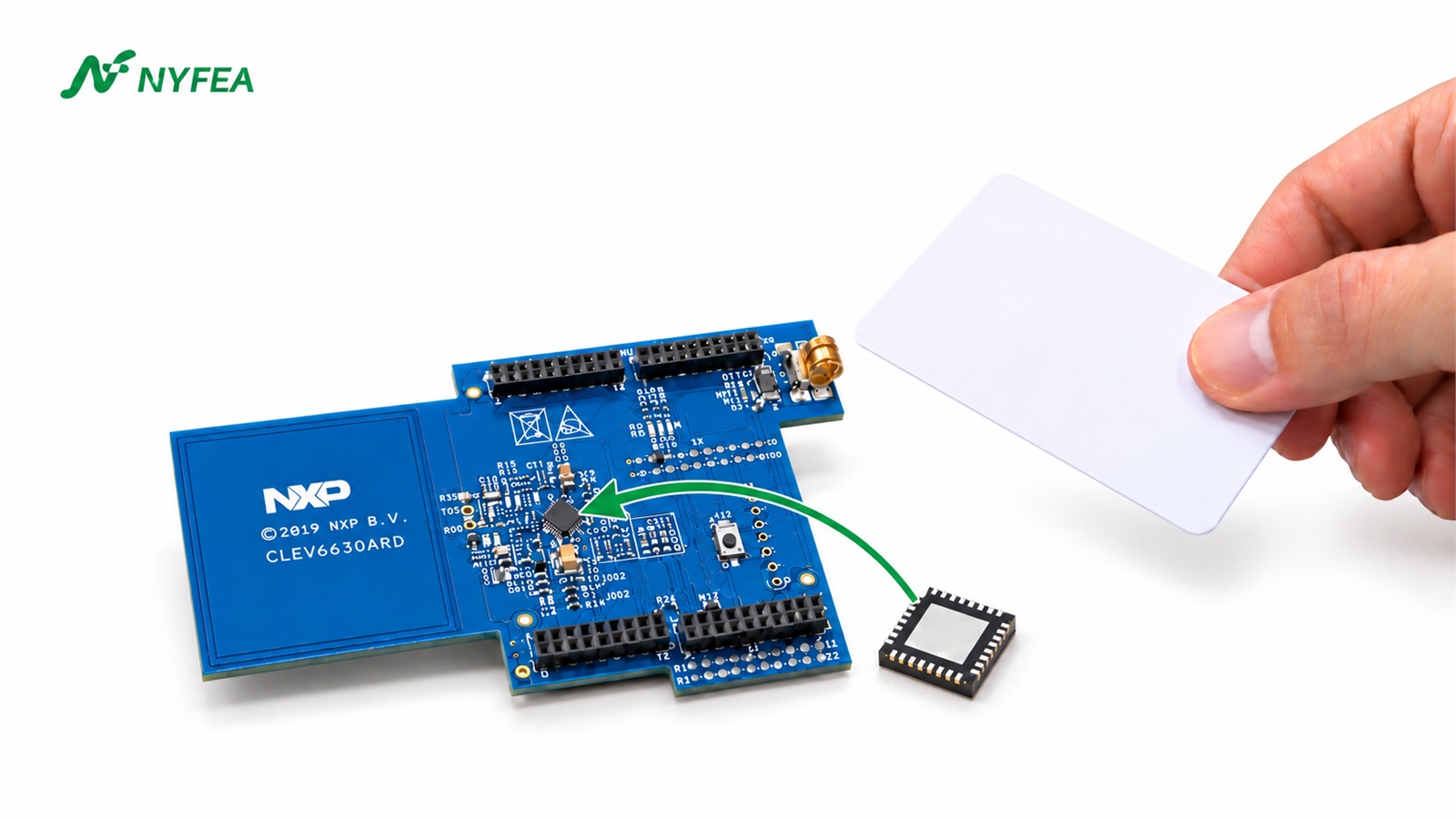 CLRC66303HNY NFC reader evaluation with an NXP CLEV6630ARD board, contactless card and HVQFN32 reader IC