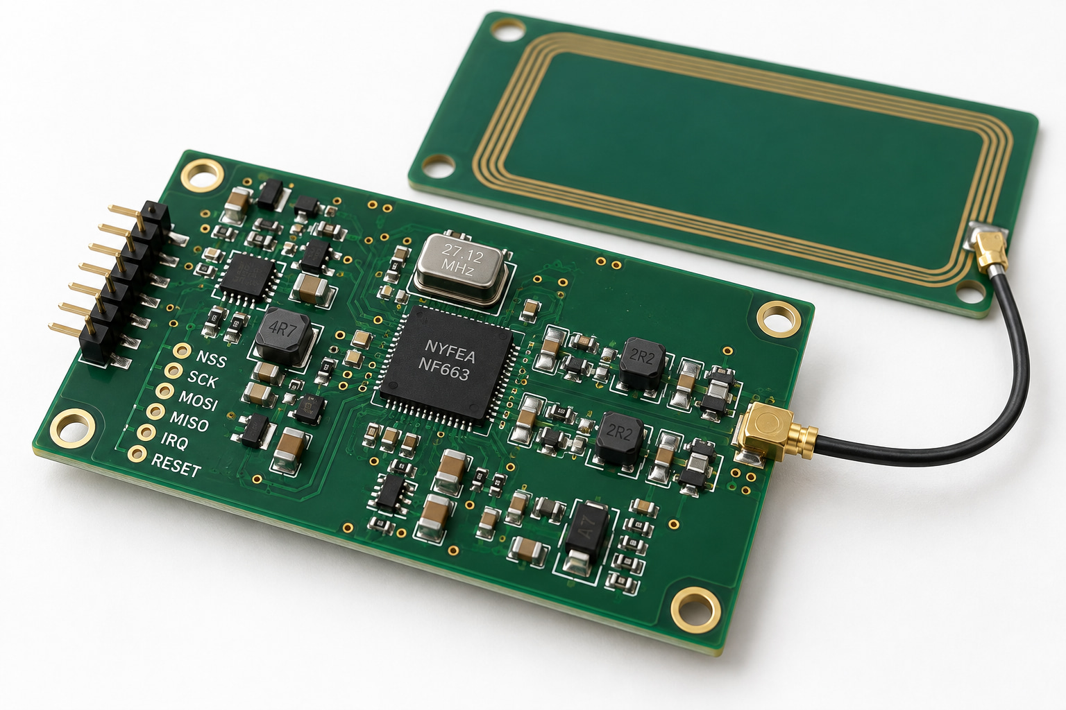 Assembled NYFEA NF663 NFC reader reference PCB with 27.12 MHz crystal, SPI test points, balanced RF matching network and external loop antenna