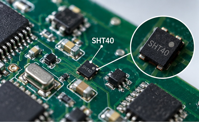 SHT40 sensor mounted on a PCB with magnified package detail