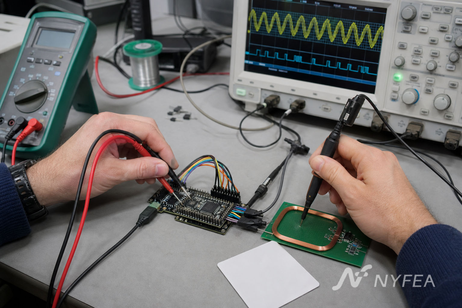 Engineer checking RFID reader power, SPI communication and 13.56 MHz antenna field during MFRC522 card-detection debugging