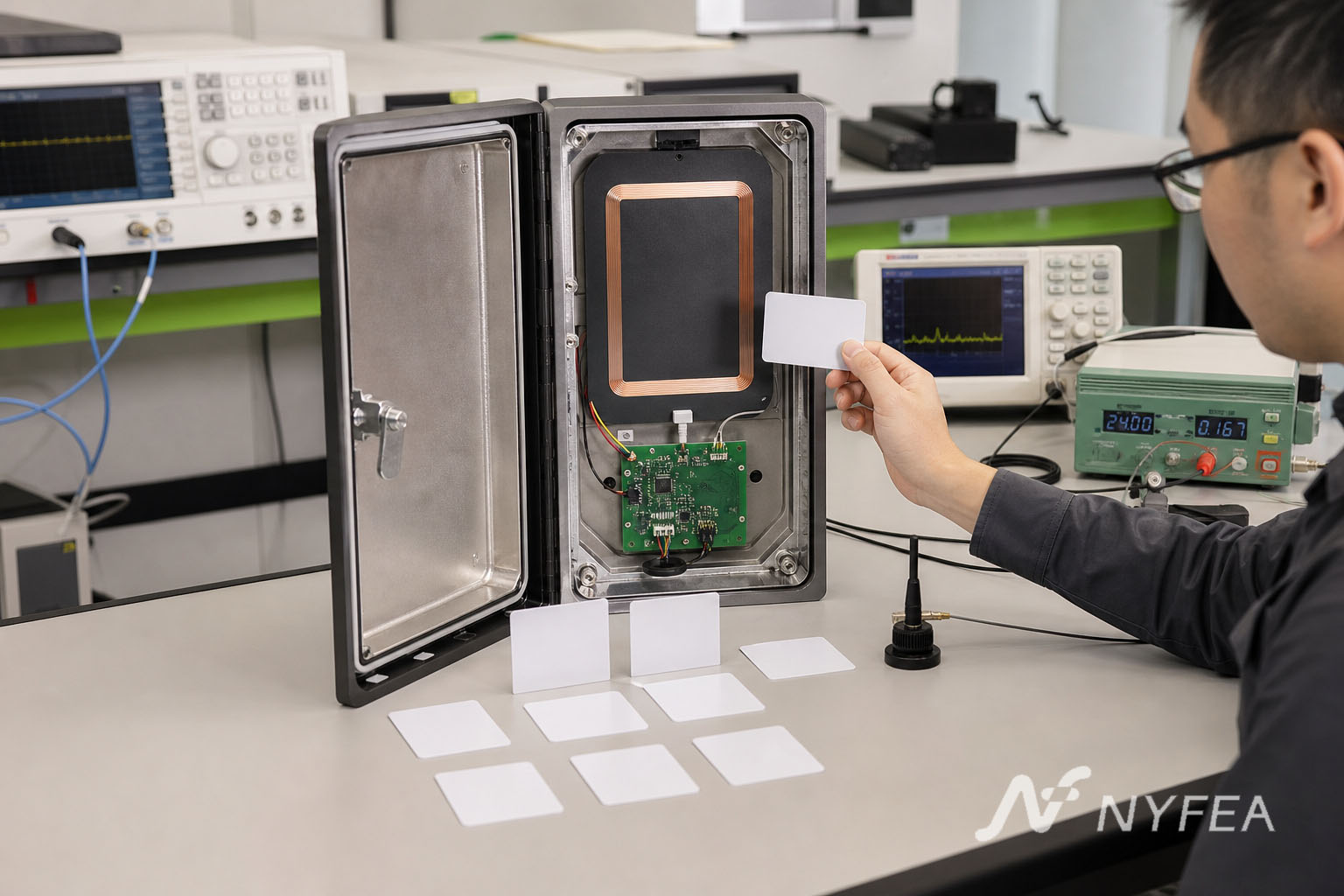 Production validation of an assembled NF522 13.56 MHz RFID reader with enclosure, antenna and multiple contactless cards
