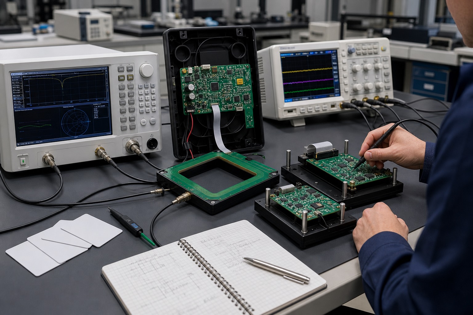 Engineer evaluating an MFRC52202HN1 End-of-Life migration on a 13.56 MHz RFID reader test bench
