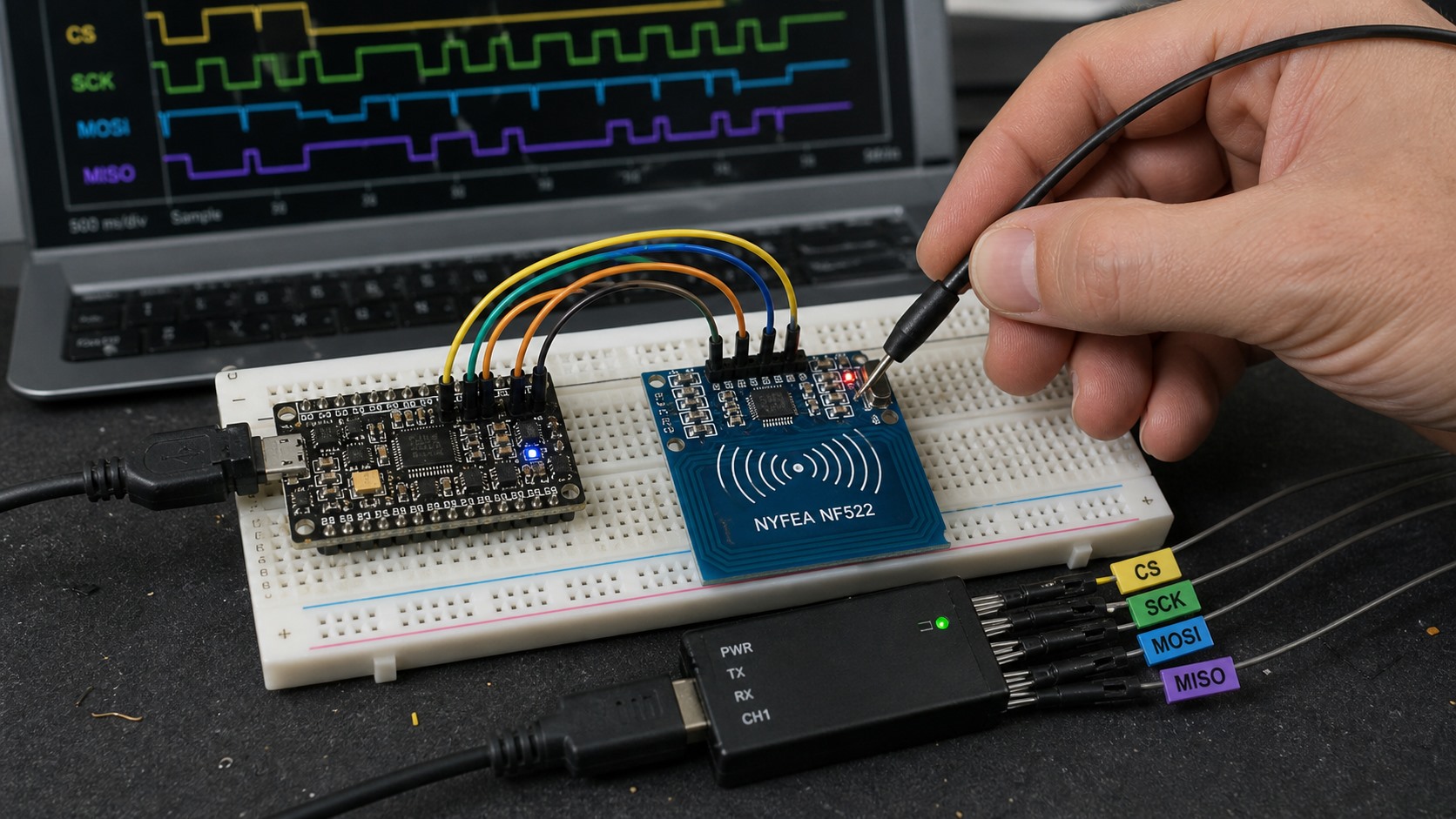 Practical NYFEA NF522 SPI debugging with a microcontroller, logic analyzer and CS SCK MOSI MISO signals