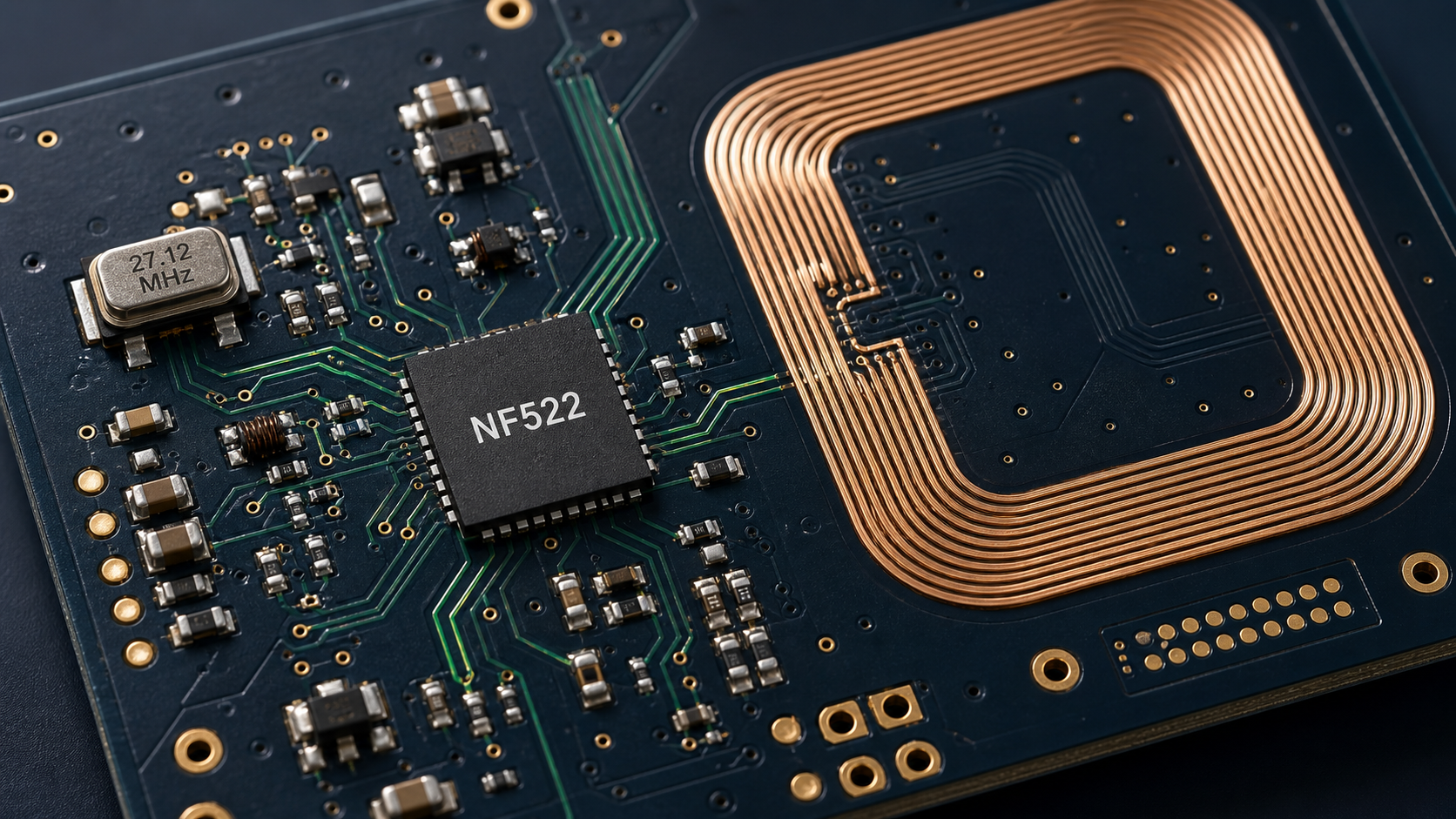 Engineering illustration of an NF522 reader IC, RF matching network and 13.56 MHz loop antenna on a printed circuit board