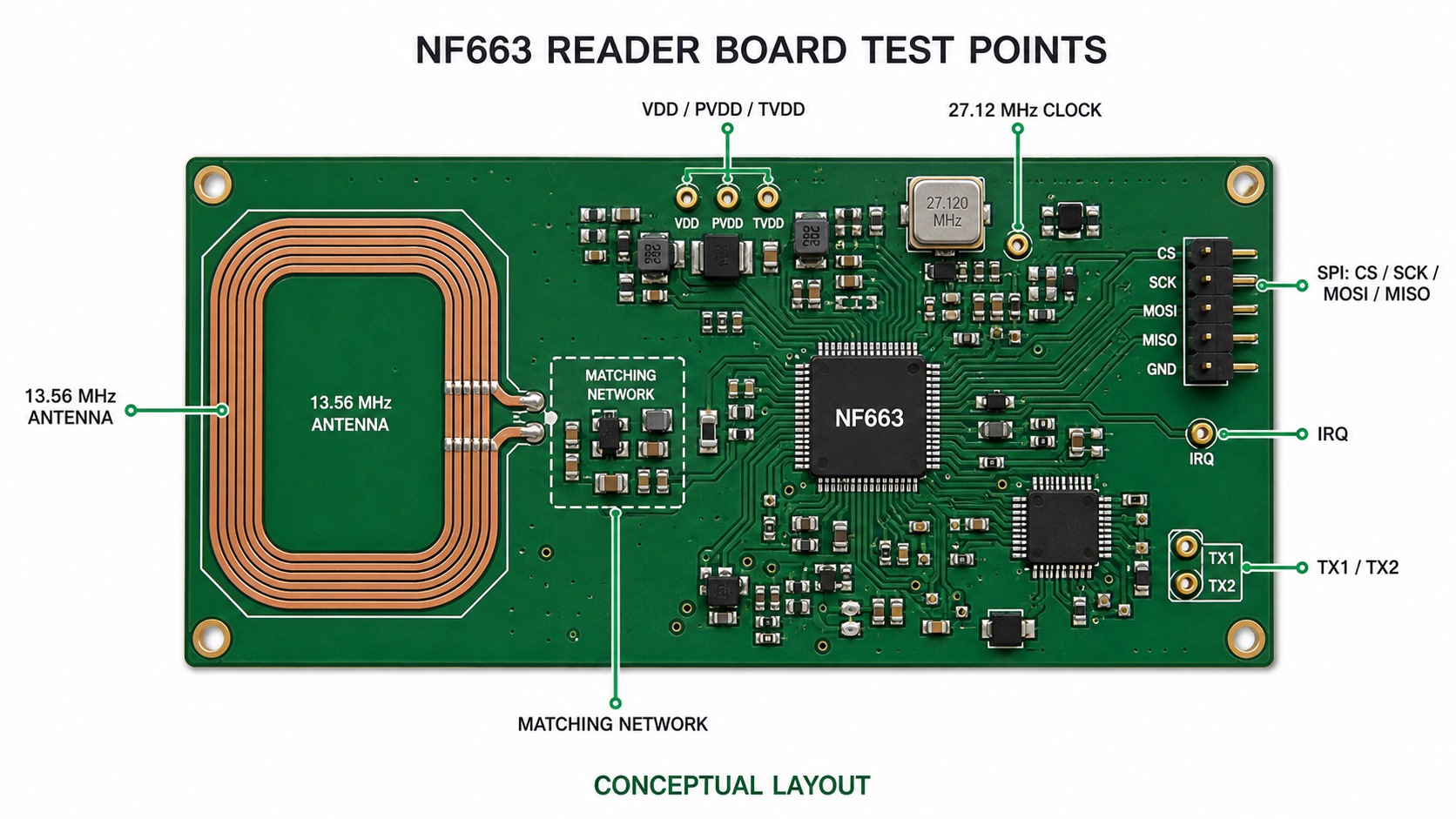 Conceptual NF663 RFID reader board test-point layout showing supply rails, 27.12 MHz clock, SPI, IRQ, TX1 and TX2, matching network and 13.56 MHz antenna
