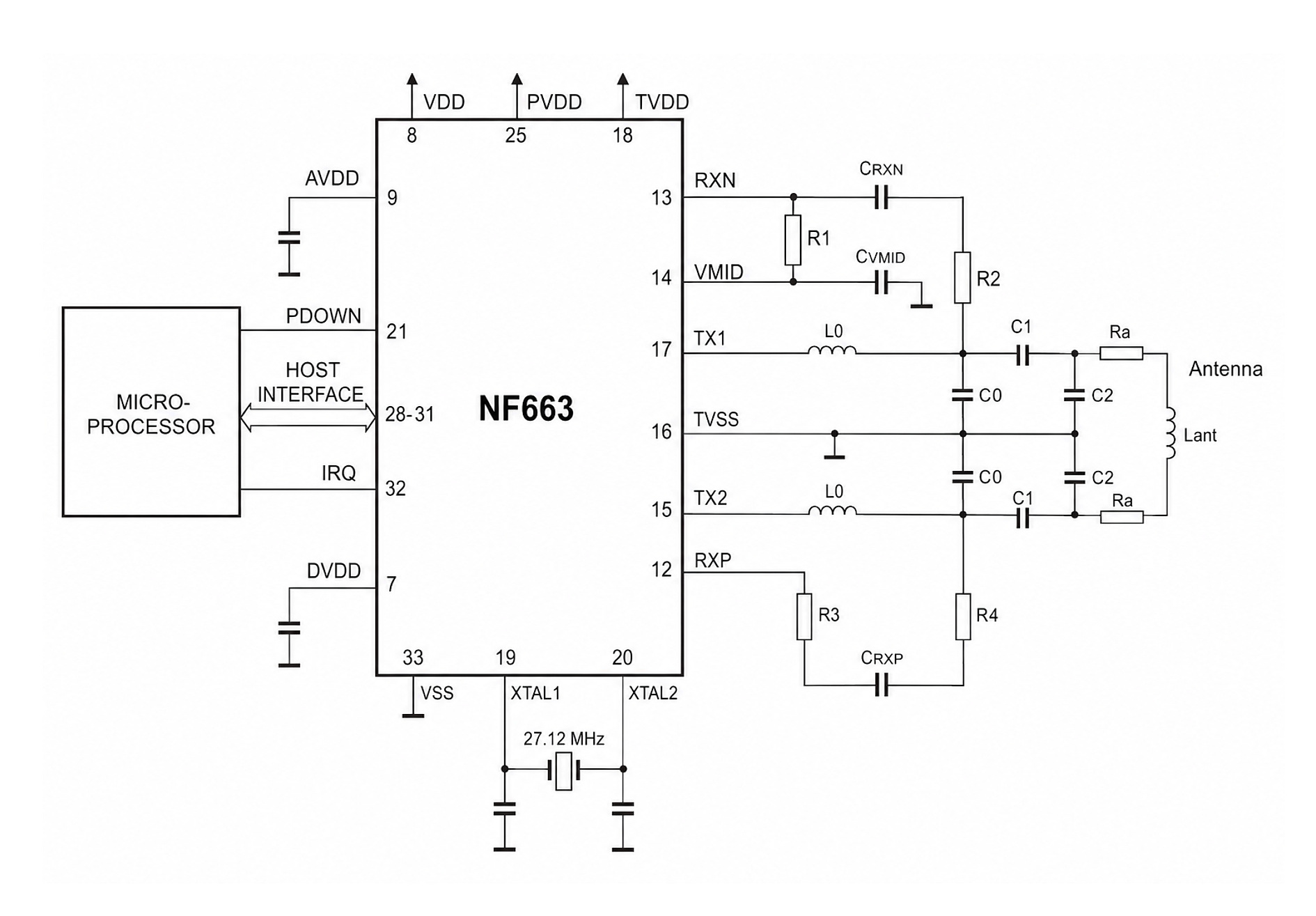 NF663 reference application circuit with host MCU, clock and antenna matching network