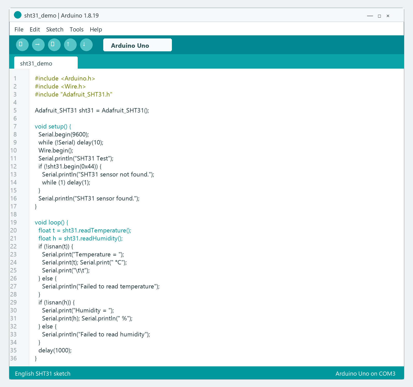 Complete English SHT31 sketch displayed in Arduino IDE with temperature and humidity read functions