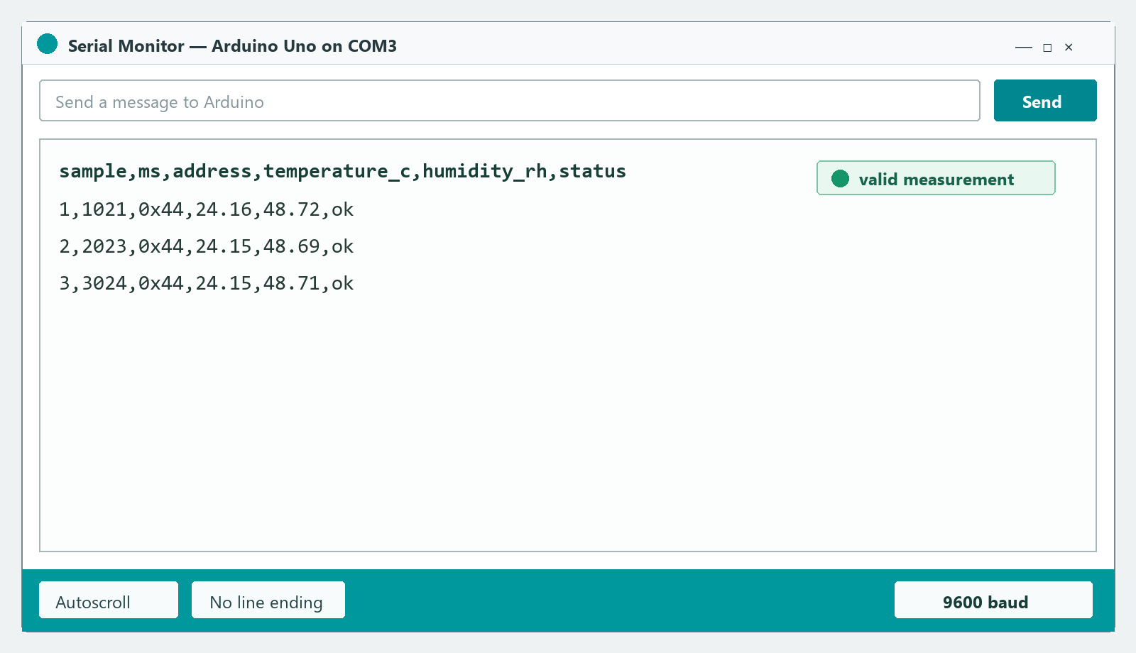 Arduino Serial Monitor showing SHT31 CSV output rows ending in ok with 9600 baud selected