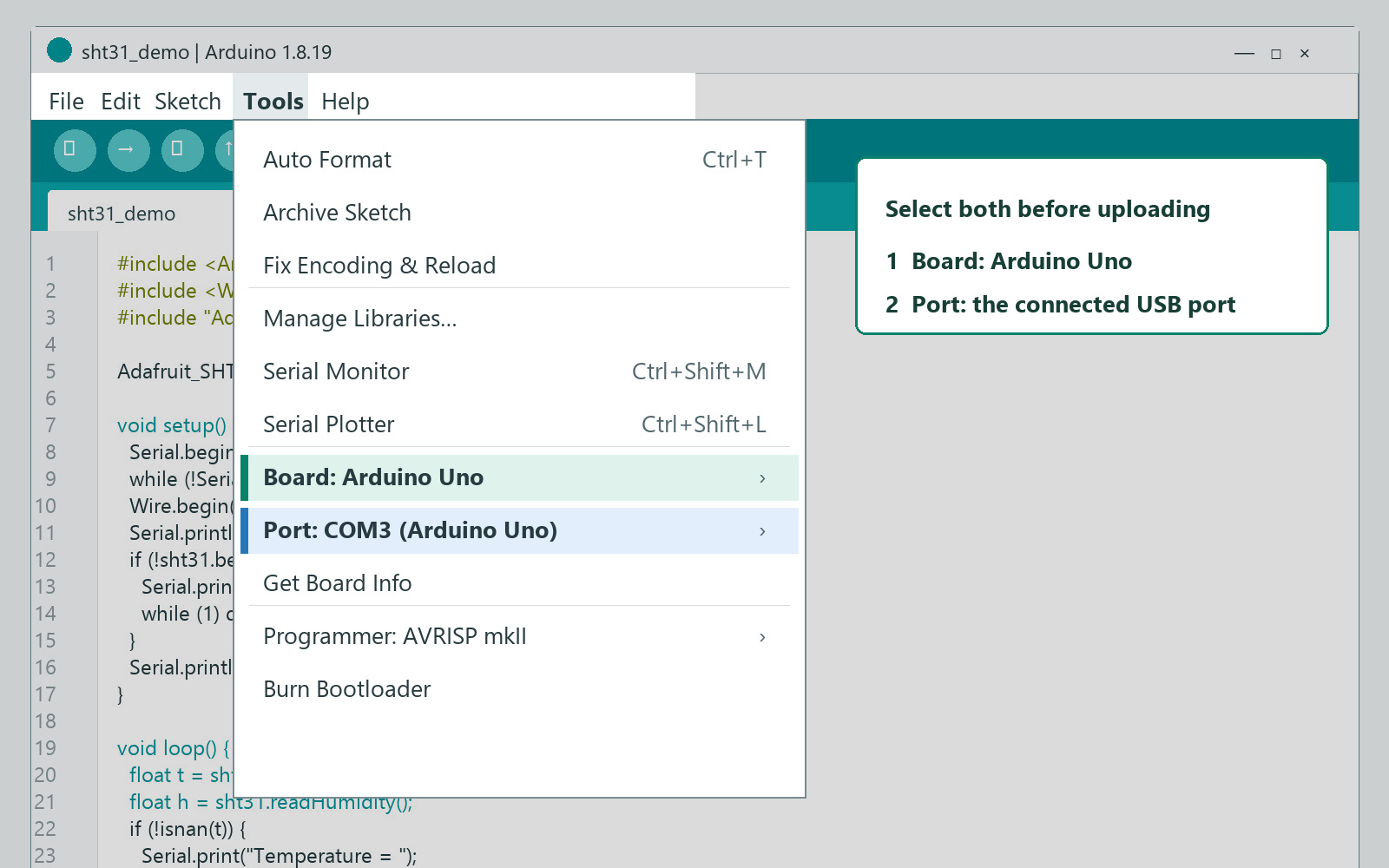 Arduino IDE Tools menu showing Board Arduino Uno and Port COM3 Arduino Uno selected