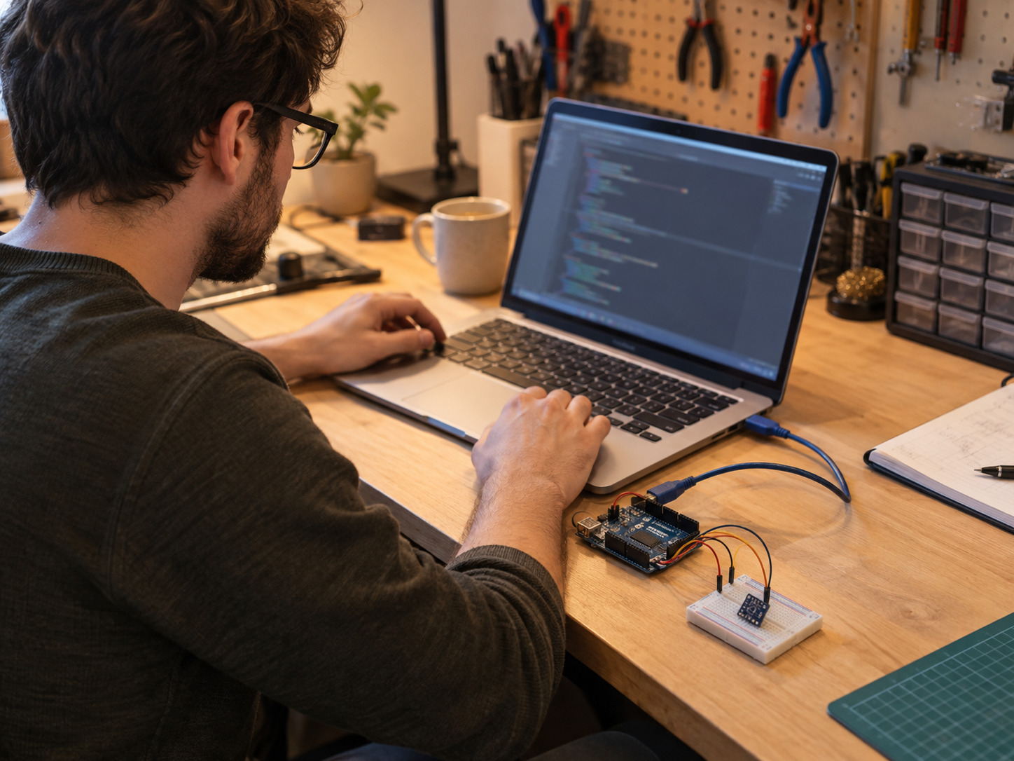 Engineer preparing Arduino IDE on a laptop beside an Arduino Uno and SHT31 development setup