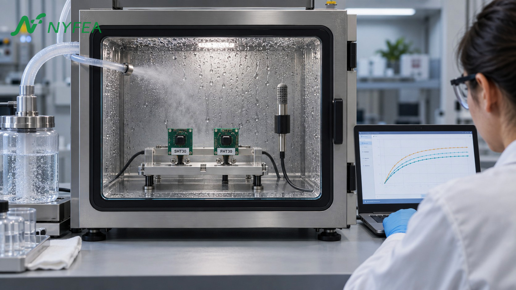 Conceptual environmental-chamber comparison of SHT30 and FHT30 humidity sensor evaluation boards with a reference probe