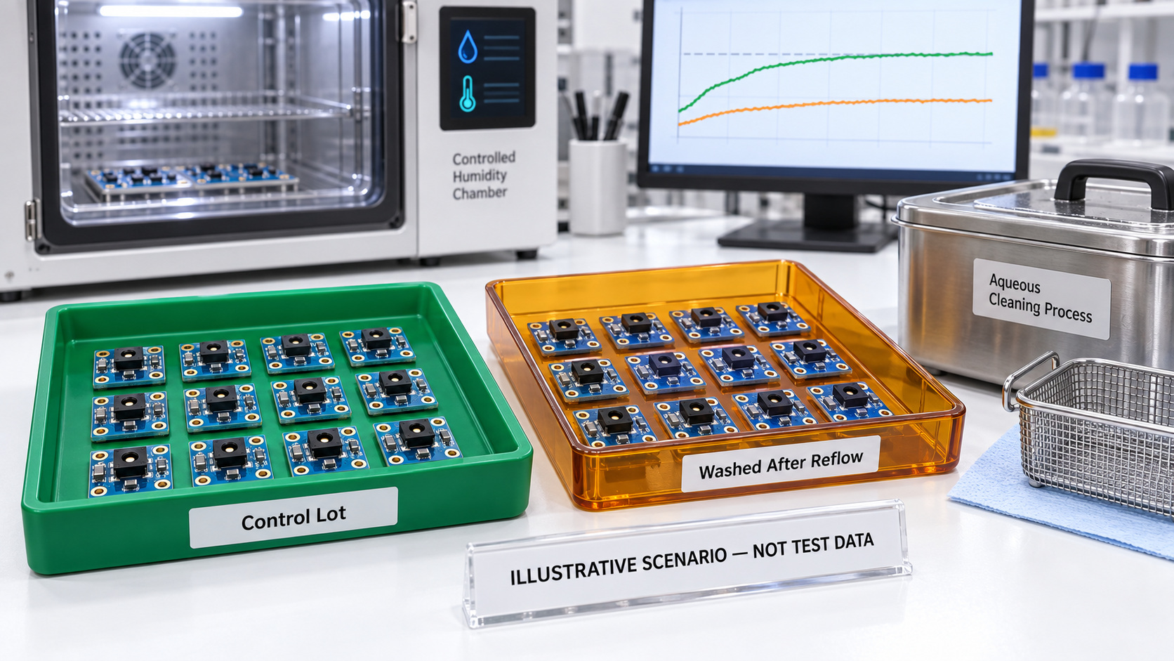 Illustrative laboratory comparison of an SHT30 control lot and a lot washed after reflow, with recovery and persistent-offset trend lines