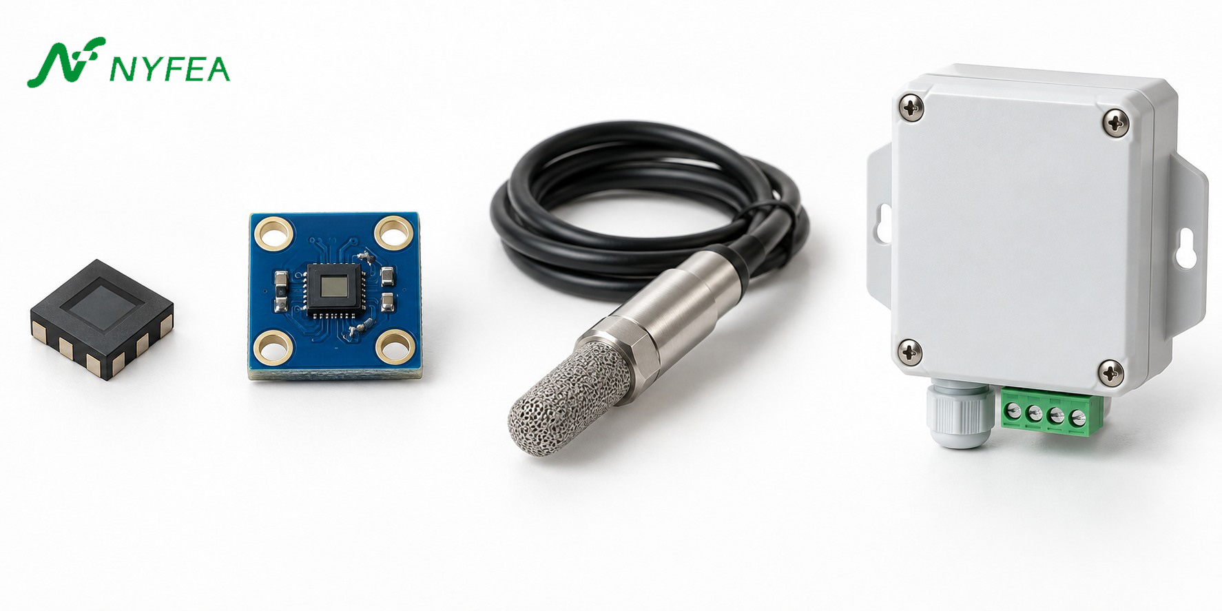 Conceptual side-by-side view of a bare SHT30-class IC, I2C breakout board, protective mesh probe and RS485 transmitter enclosure
