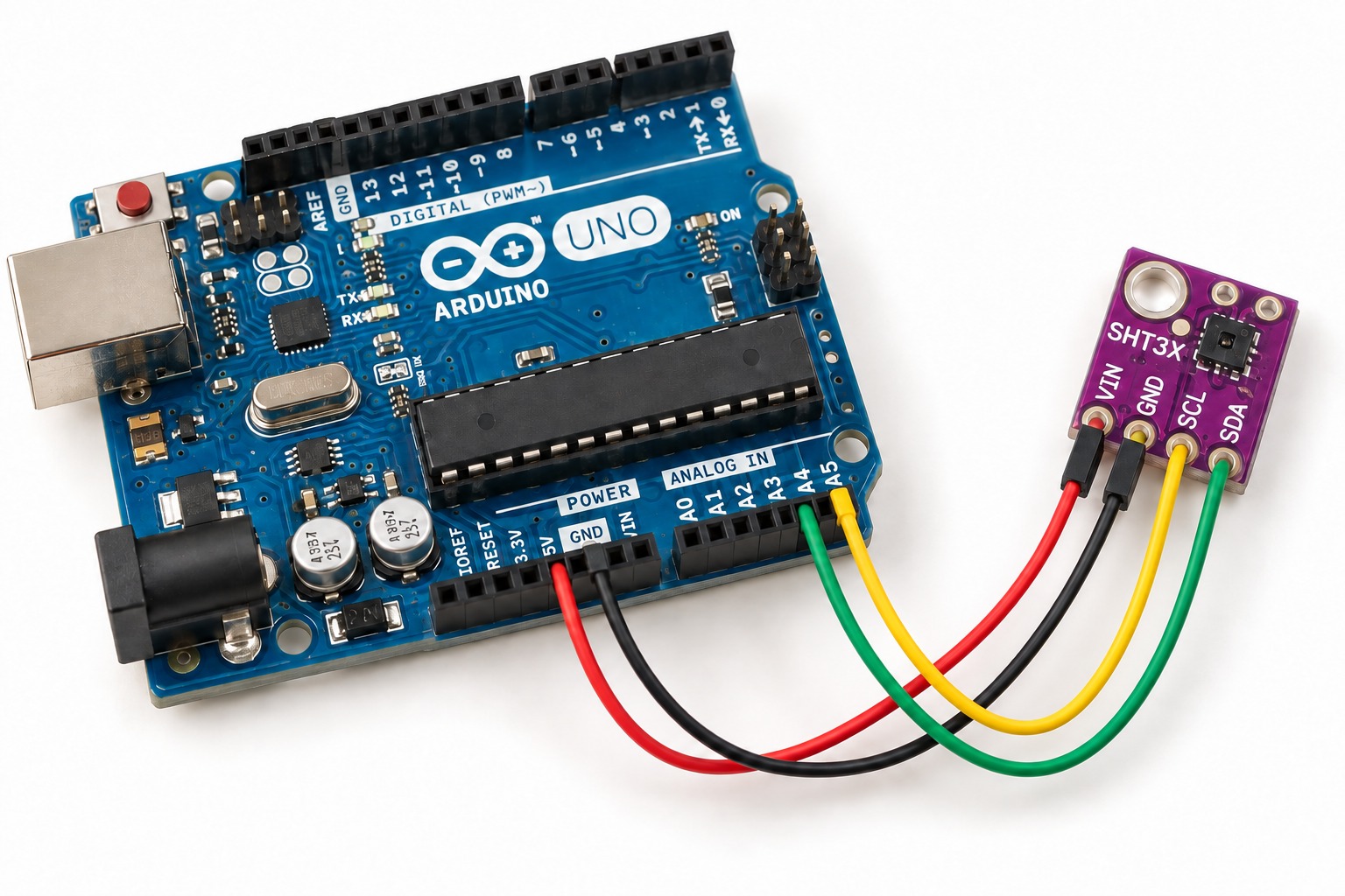 45-degree conceptual render of Arduino Uno connected to an SHT3x I2C breakout with red 5V to VIN, black ground, yellow A5 to SCL and green A4 to SDA wires