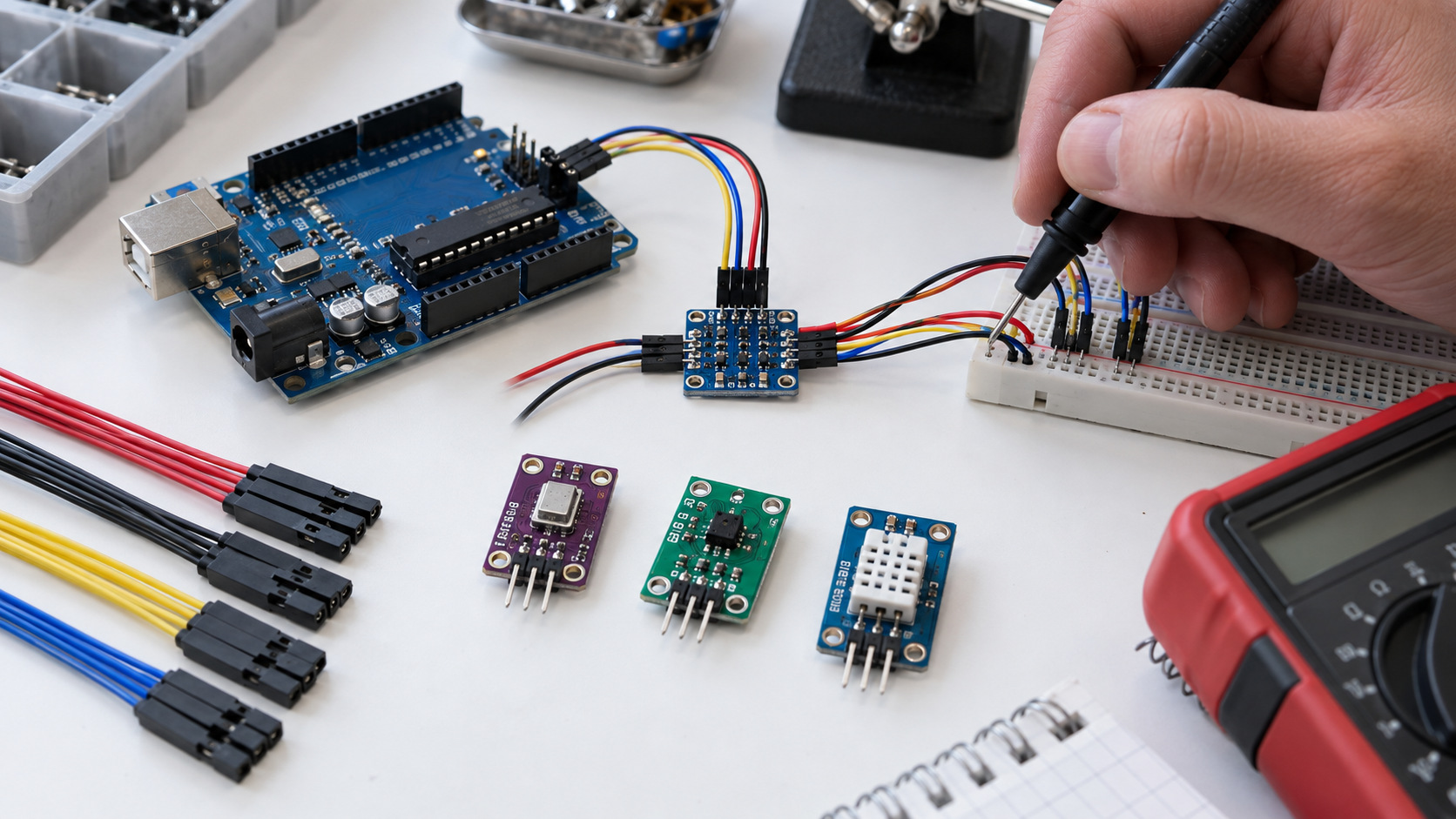 Illustrative electronics bench inspection of an Arduino I2C signal rail beside three humidity sensor breakouts