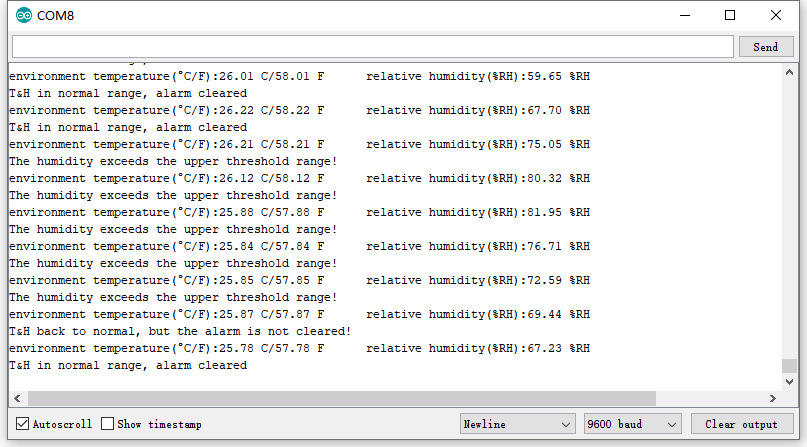 DFRobot Serial Monitor example showing temperature and humidity threshold alarm states