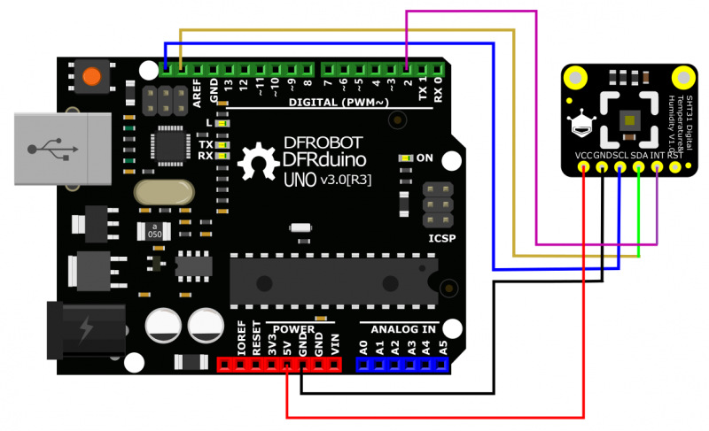 SEN0331 SHT31 board wired to an Arduino Uno with power, I2C, interrupt and reset lines