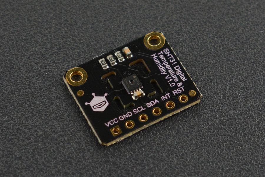 DFRobot SEN0331 SHT31 module with its labeled VCC, GND, SCL, SDA, INT and RST contacts