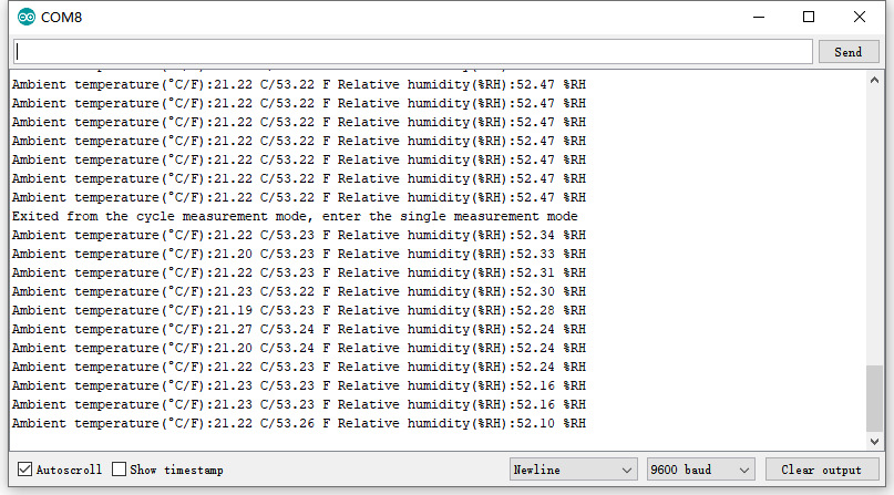 Serial Monitor showing periodic SHT31 readings followed by the switch back to single-shot mode