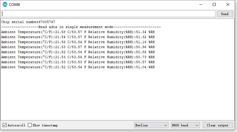 DFRobot example Serial Monitor output for SHT31 single-shot measurements at 9600 baud