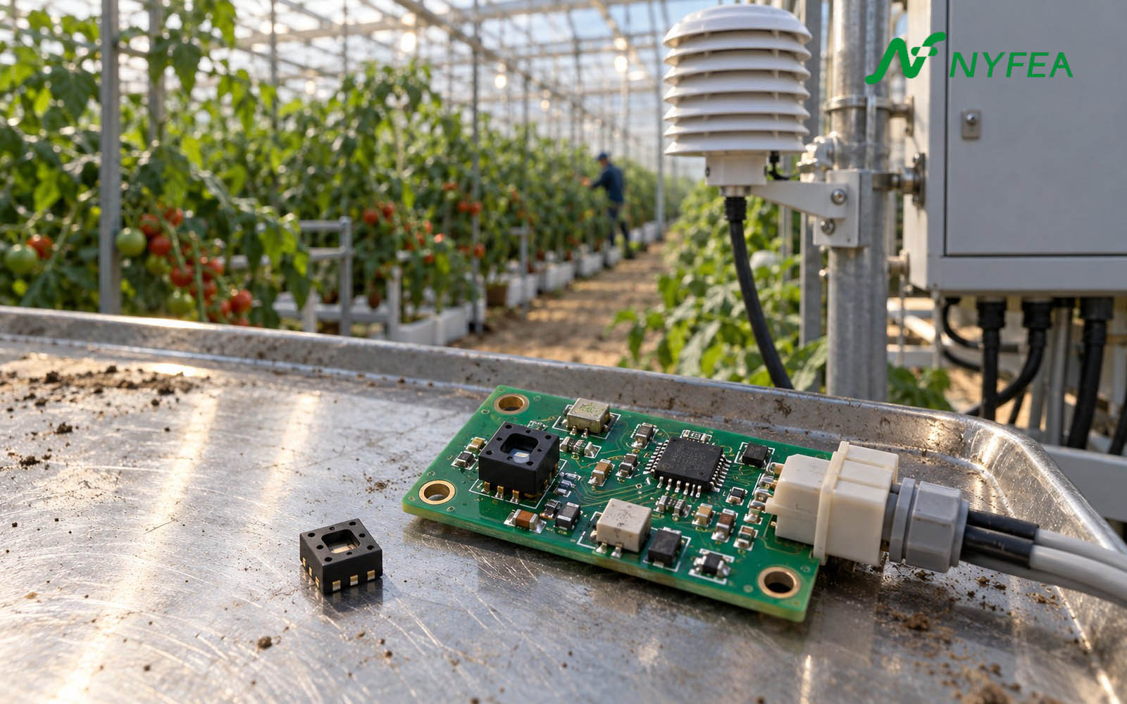 Temperature and humidity sensor IC beside a sensor PCB, greenhouse probe and climate-control cabinet