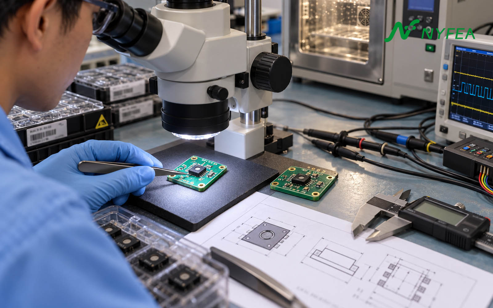 Engineer inspecting SHT31 and FHT31 sensor coupon boards with a microscope, package drawing, probes and environmental chamber
