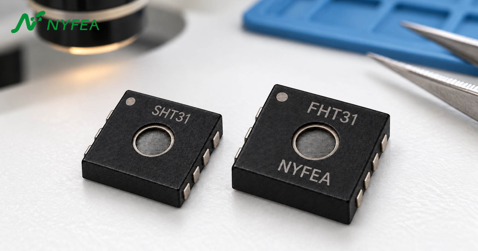 Macro comparison of an SHT31 open-cavity DFN-8 sensor and a NYFEA FHT31 sensor on an electronics inspection bench