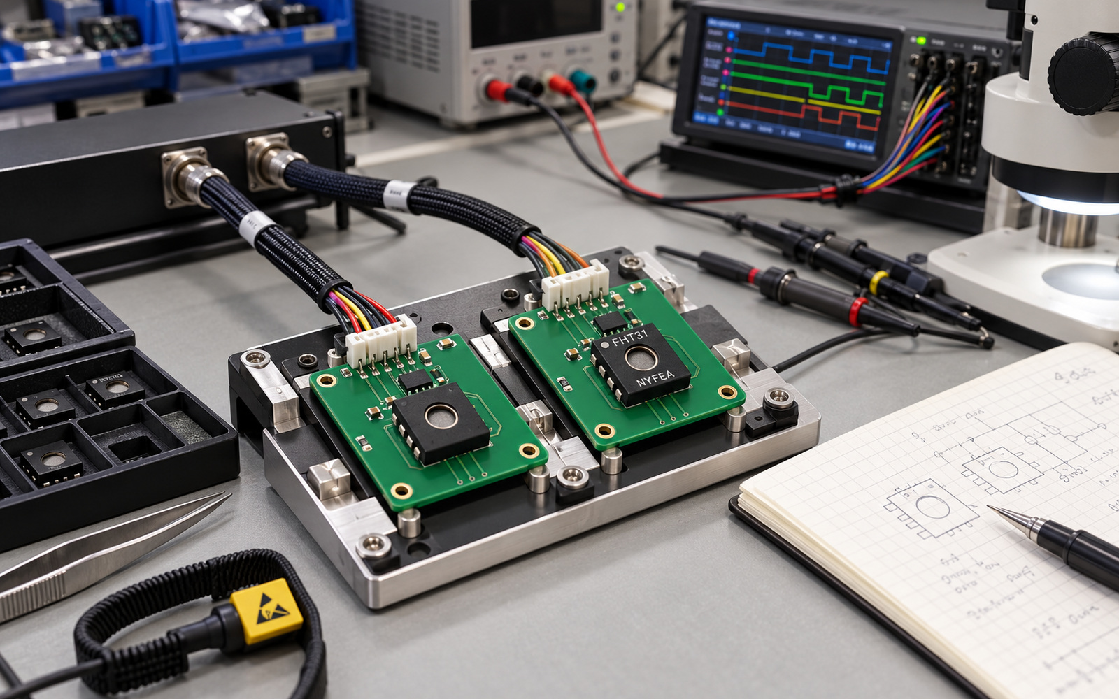 Matched SHT31 and FHT31 sensor coupon boards connected to a common host fixture and logic analyzer on an engineering validation bench