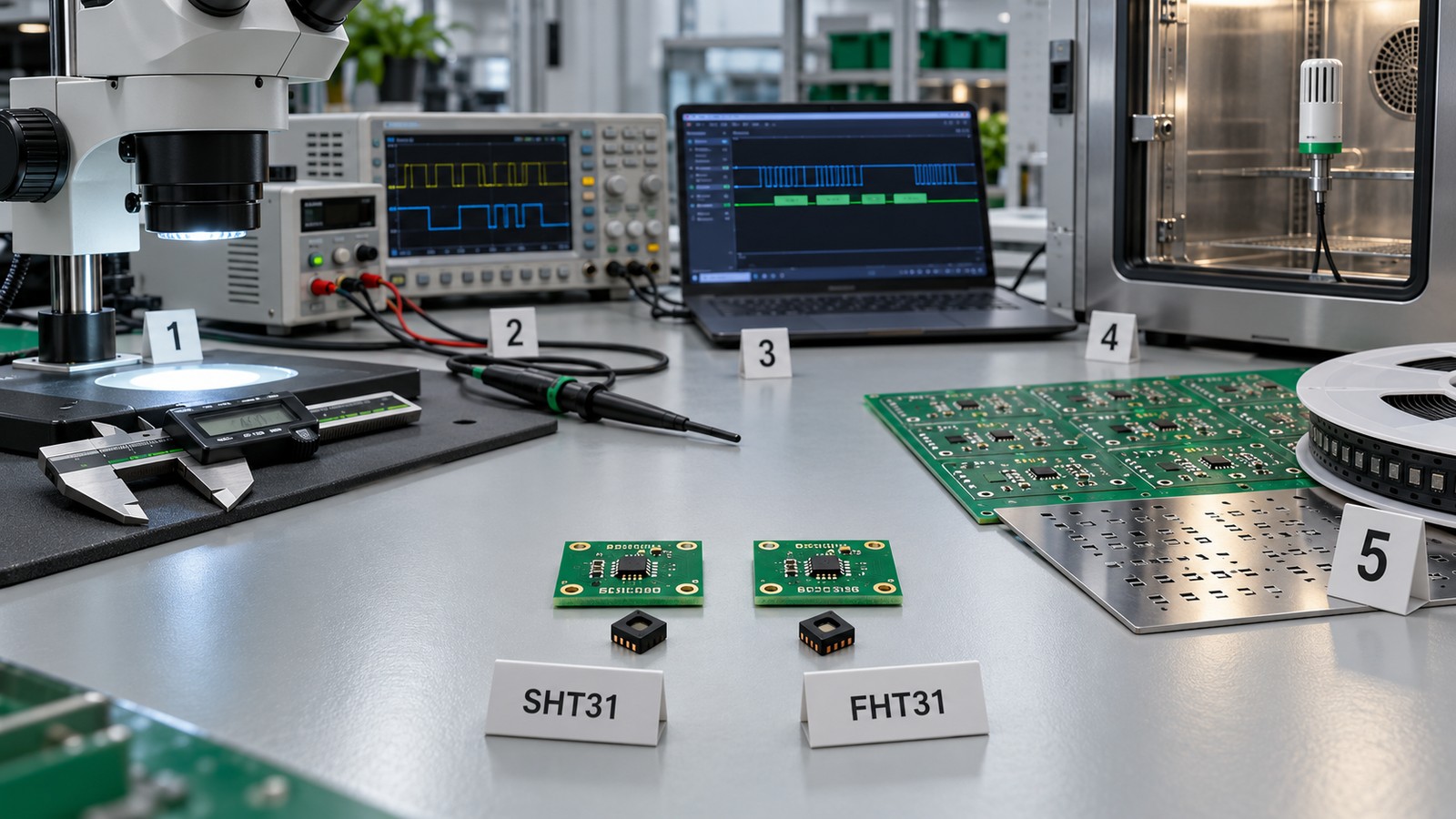 SHT31 and FHT31 sensor ICs on a qualification bench with mechanical, electrical, firmware, measurement and production test equipment