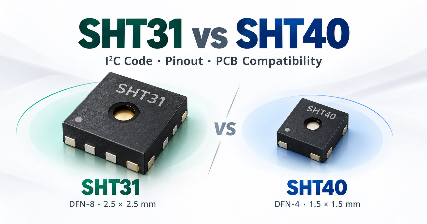 Illustrated SHT31 eight-contact DFN package beside the smaller four-contact SHT40 package
