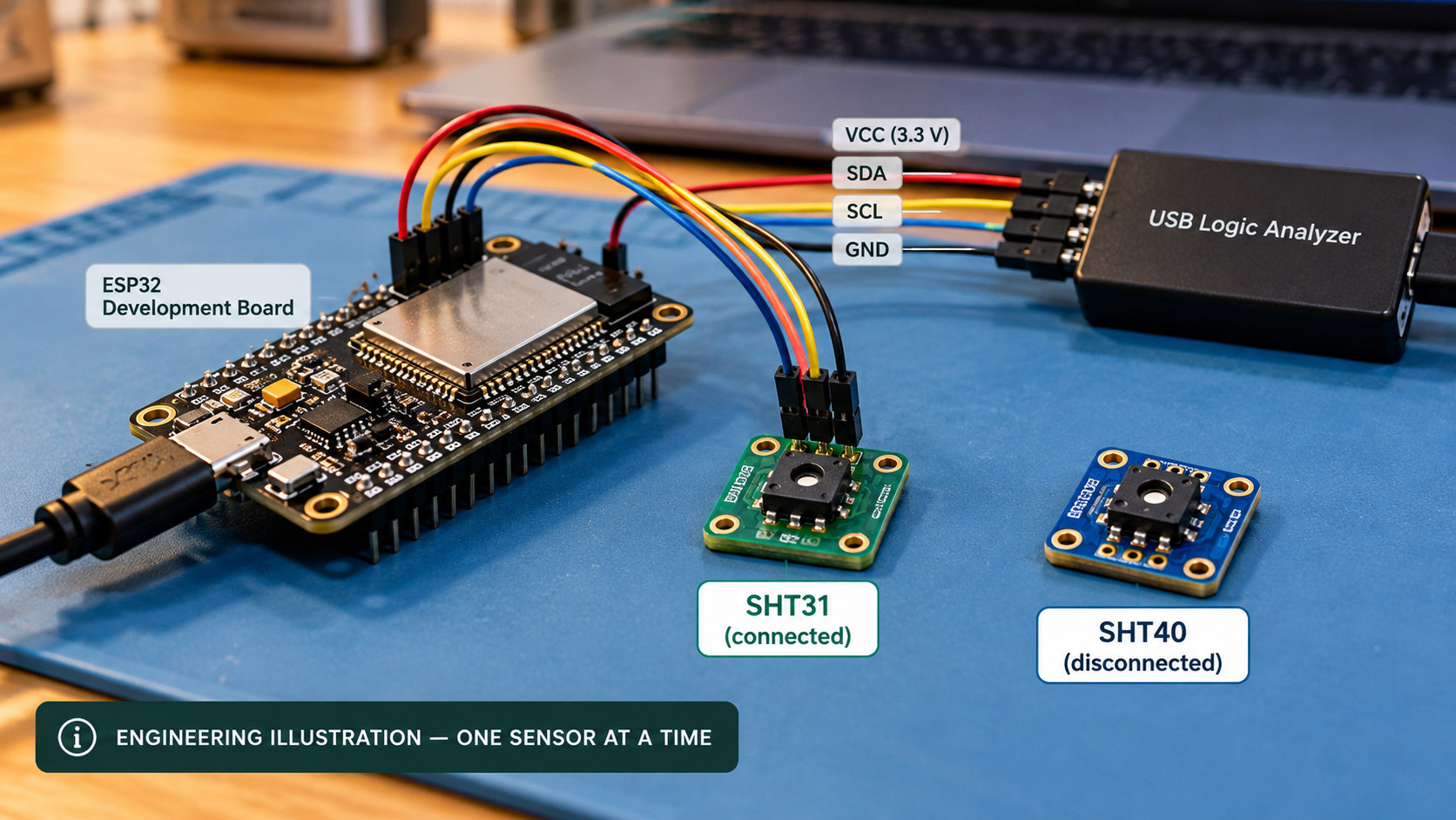Engineering illustration of an ESP32, one connected SHT31 sensor, one disconnected SHT40 sensor and a USB logic analyzer for I2C debugging