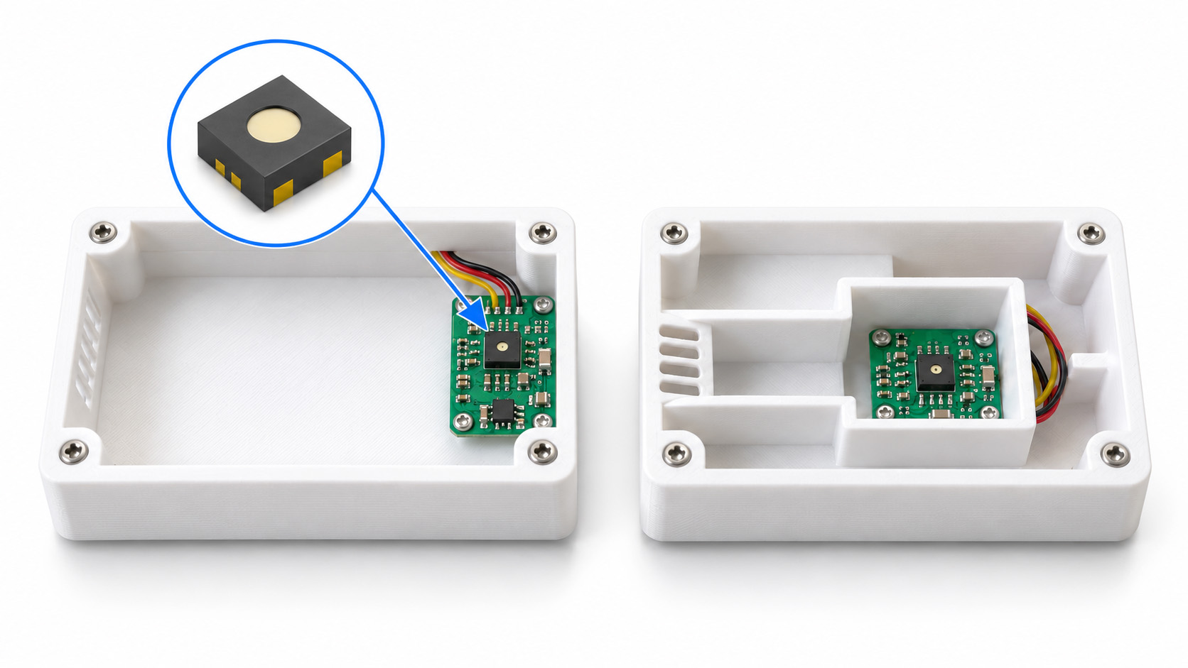 SHT40 enclosure concepts comparing a large cavity with a compact ventilated sensing compartment