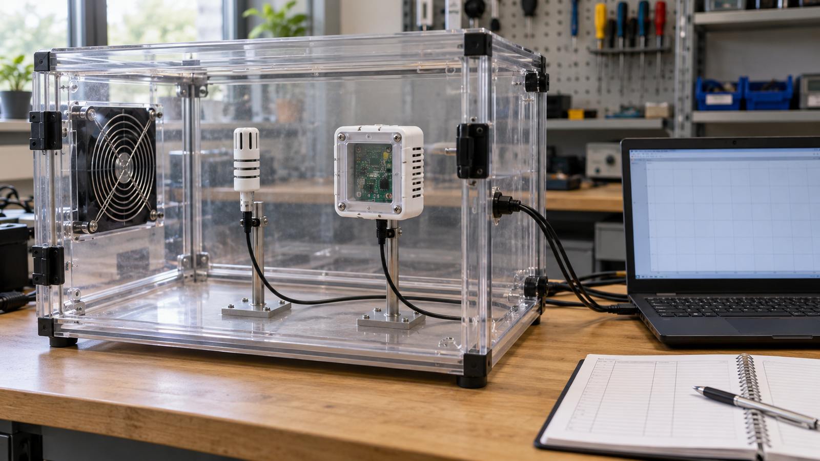 Conceptual SHT40 enclosure comparison setup with a nearby reference probe