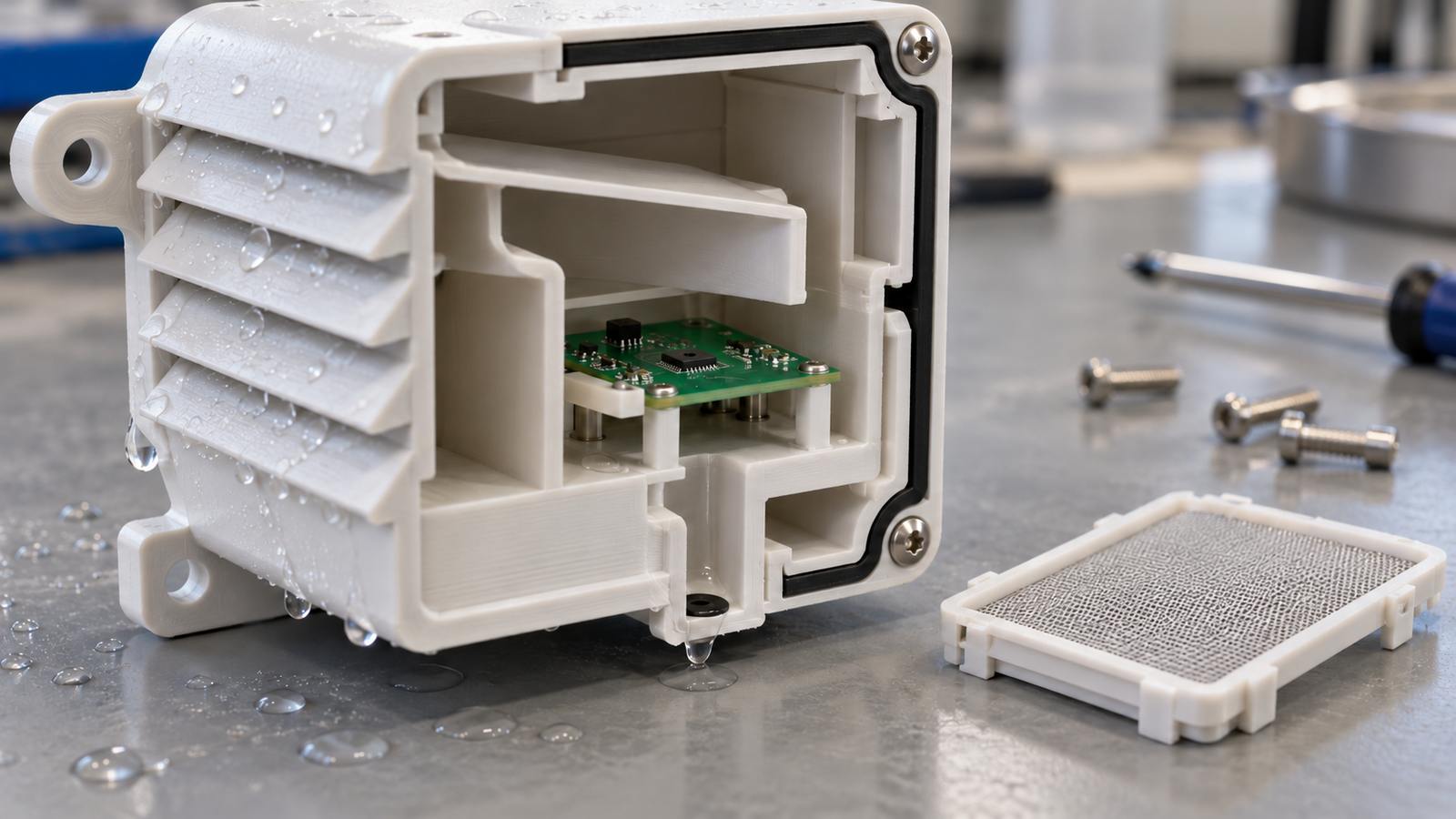 SHT40 housing cutaway concept showing louvers, splash baffle and a separate membrane option