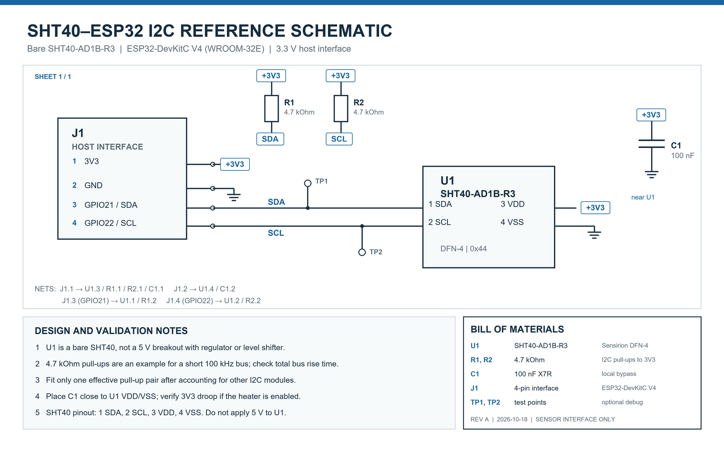 ESP32-DevKitC V4 and bare SHT40-AD1B-R3 I2C reference schematic