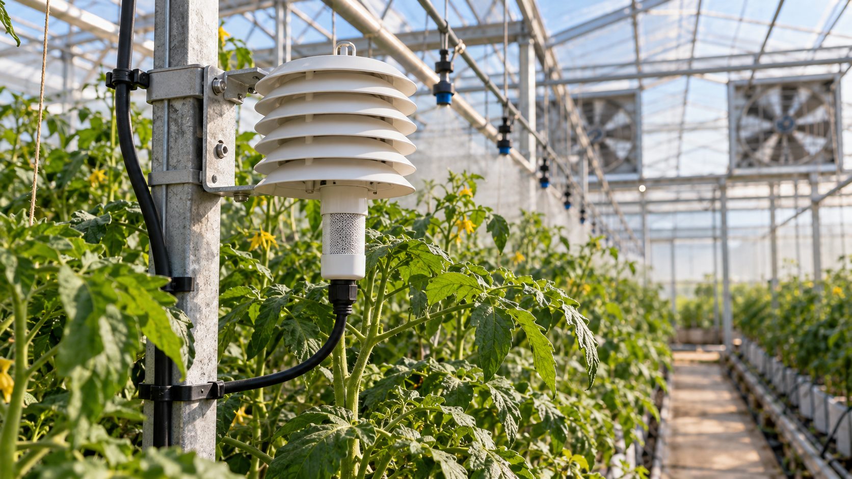 Illustrative louvered temperature and humidity probe mounted near crop canopy inside a greenhouse