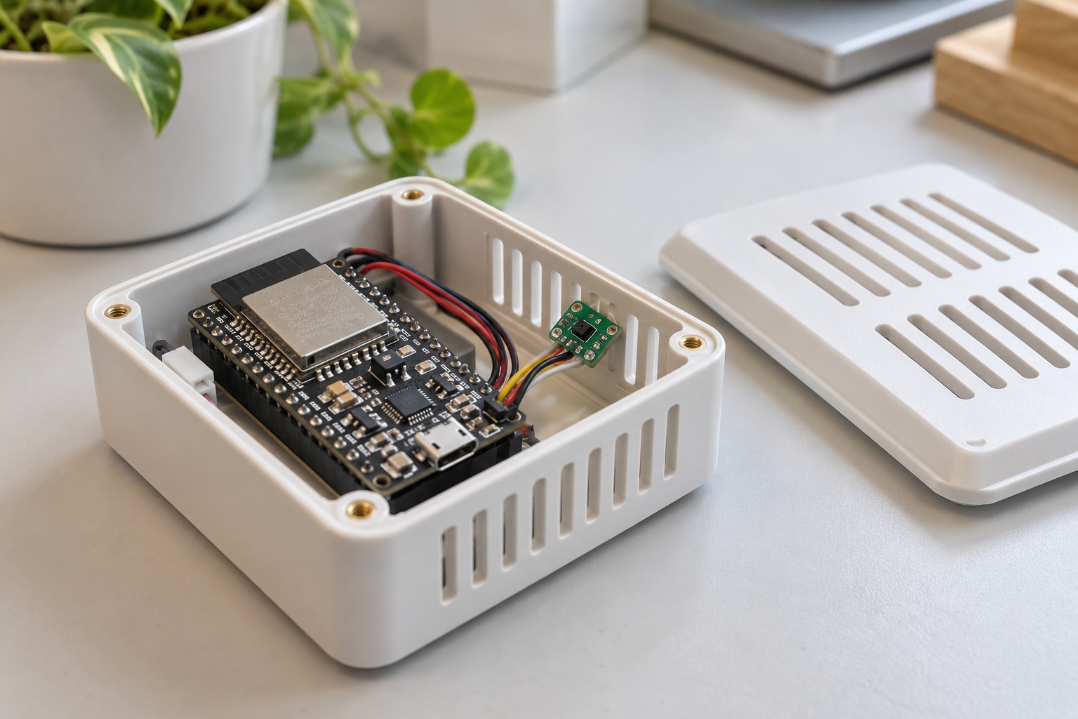 Illustrative vented enclosure with a small humidity sensor PCB separated from the ESP32 host board