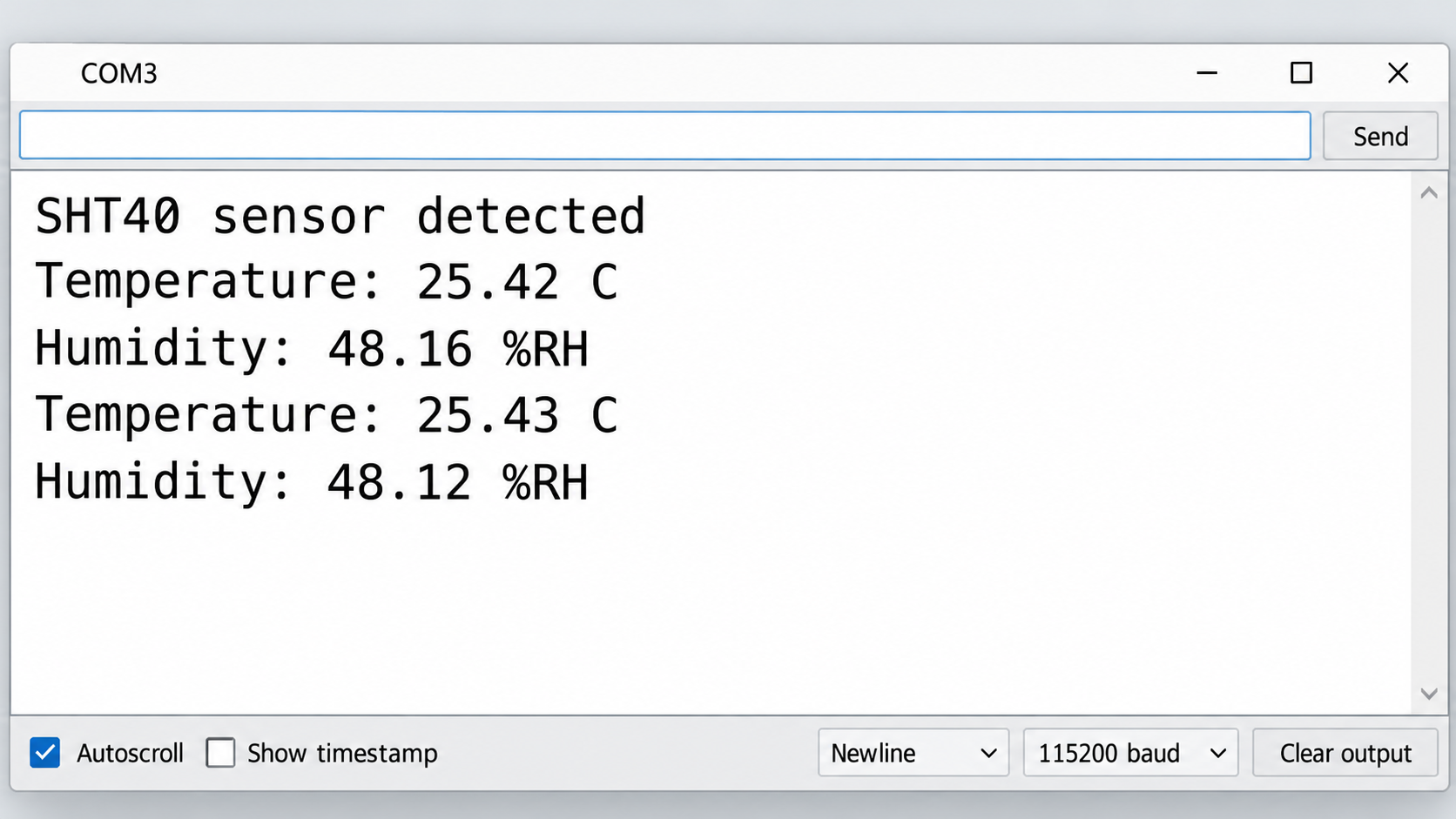 ESP32 Arduino serial monitor showing SHT40 temperature and humidity readings