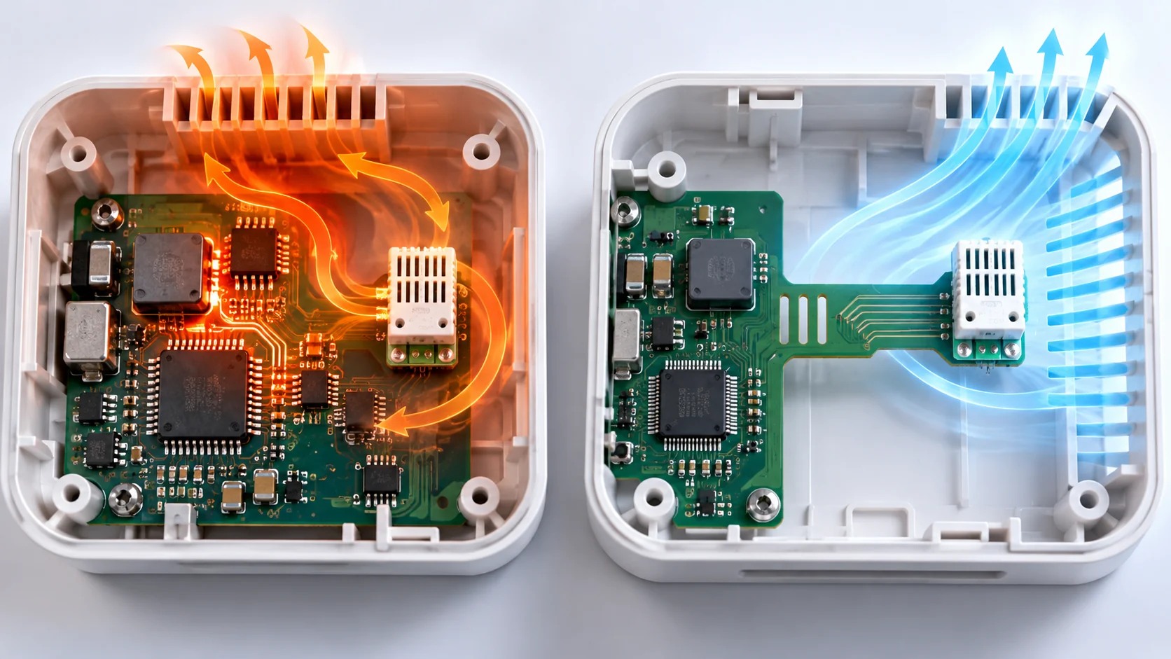 Conceptual comparison of an SHT40 exposed to PCB heat and a thermally separated sensor near enclosure vents