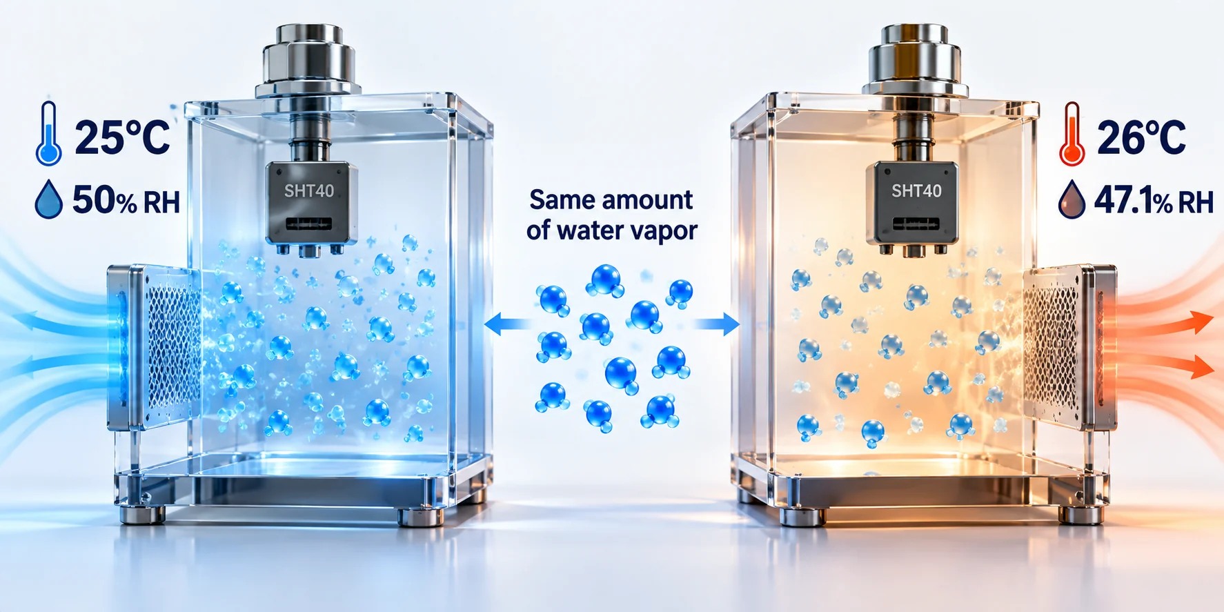 The same water-vapor content shown at 25 degrees Celsius and 50 percent RH versus 26 degrees Celsius and about 47.1 percent RH