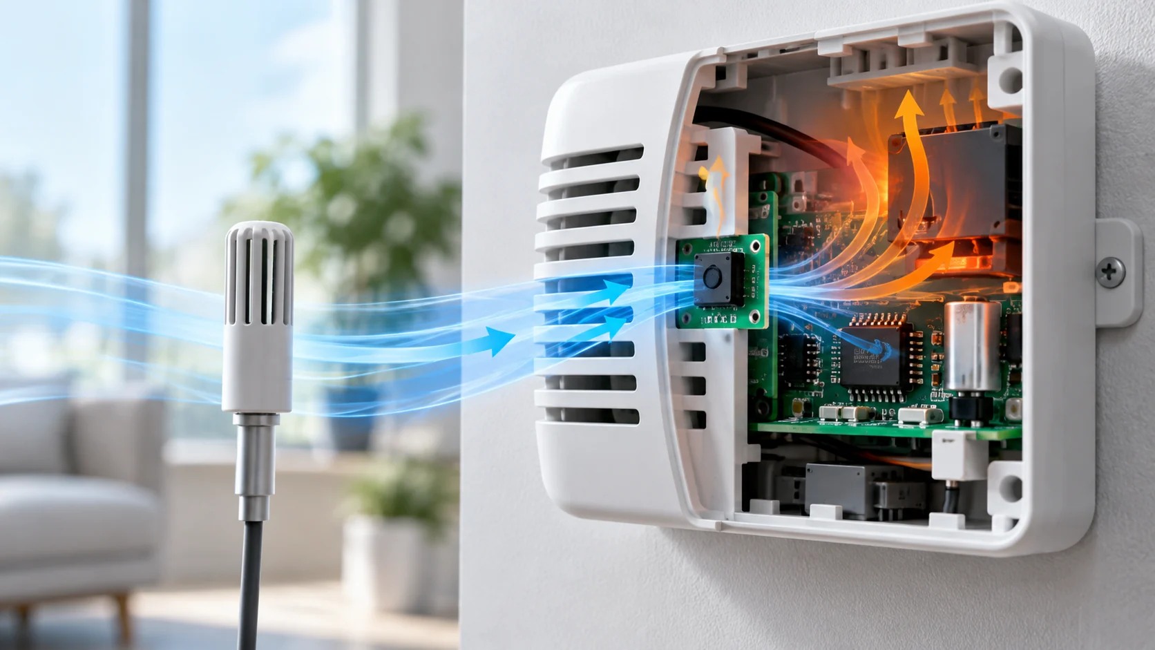 Reference probe in room air compared with an SHT40 measuring a warm enclosure microclimate
