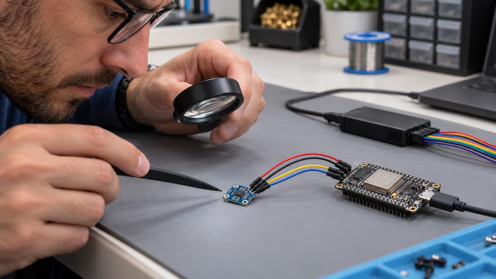 Engineer inspecting an ESP32 and small SHT41 breakout during I2C troubleshooting