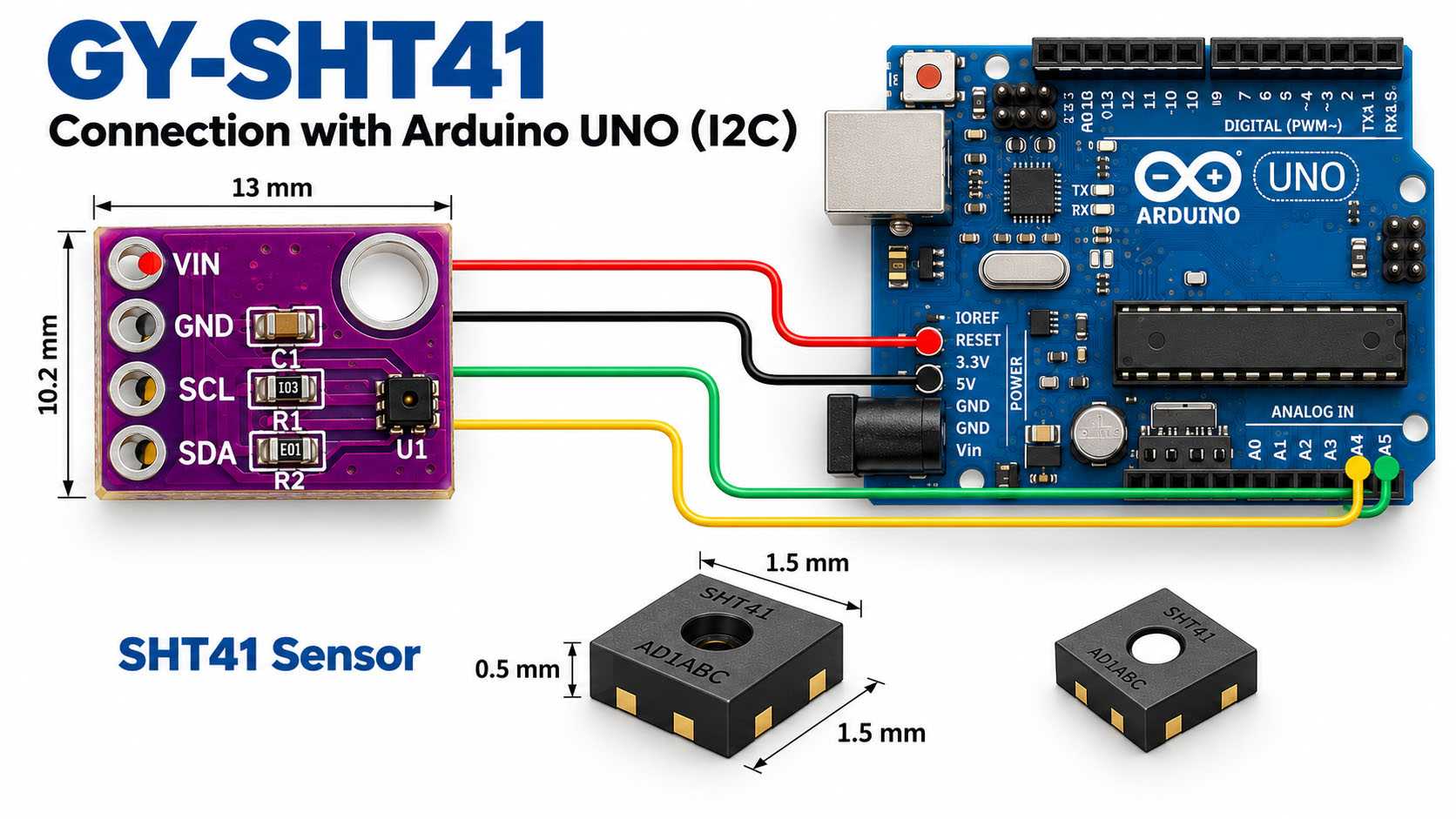 ESP32 and SHT41 breakout arranged for a four-wire I2C connection